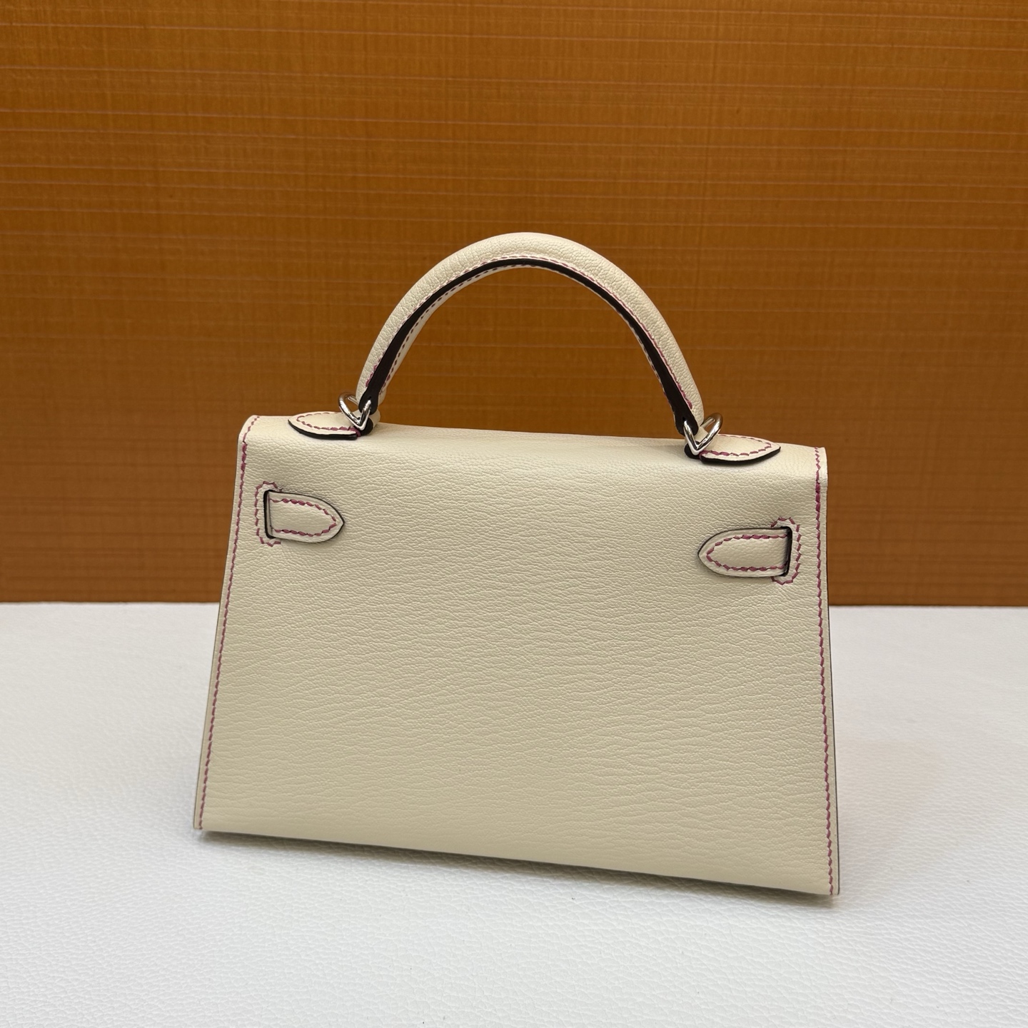 Kelly mini 19cm Chever Color: 10 milkshake white with L3 rose purple inside, fully handmade wax stitching Silver buckle customized✈️ - Image 12