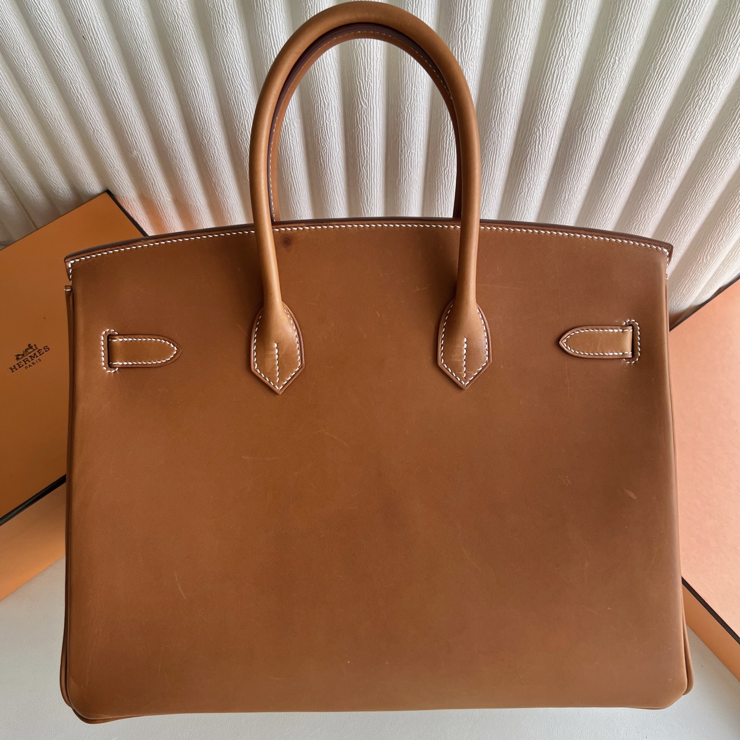 Birkin 35cm Barenia plain saddle leather Color: 34 original colors, silver buckle, fully handmade wax stitching Original hardware hand-engraved PHW customized✈️ - Image 4