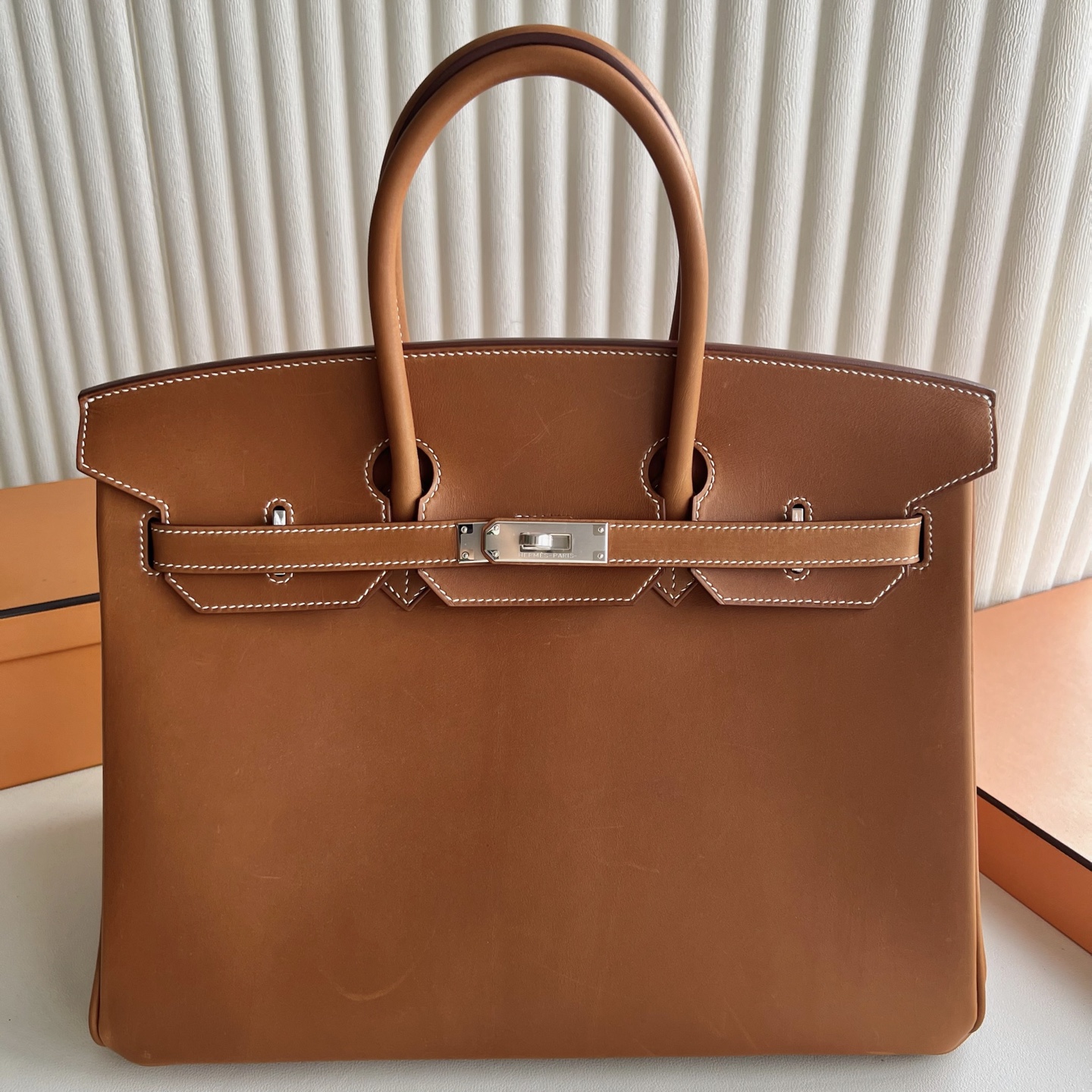 Birkin 35cm Barenia plain saddle leather Color: 34 original colors, silver buckle, fully handmade wax stitching Original hardware hand-engraved PHW customized✈️ - Image 10