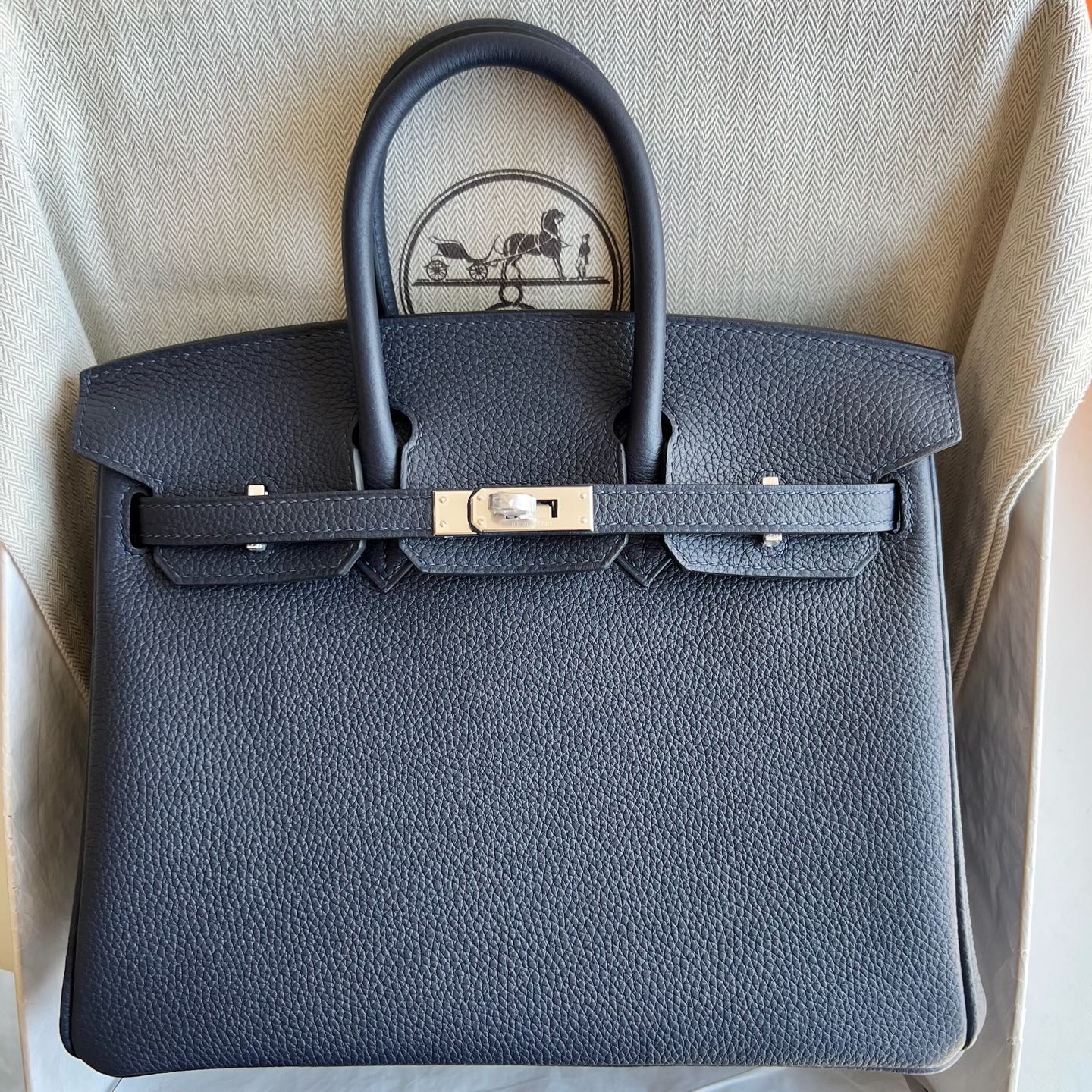 Birkin 25cm Togo original calfskin imported from Germany Color: 2Z Midnight Blue Blue Nuit Fully handmade wax stitching Original hardware hand-engraved silver buckle customized✈️ - Image 10