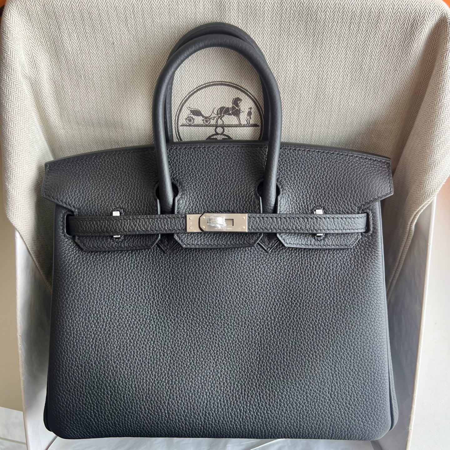 Spot Birkin 25cm Togo original German imported calfskin Color: Ck89 black Noir fully handmade wax thread sewing silver buckle Stock - Image 10