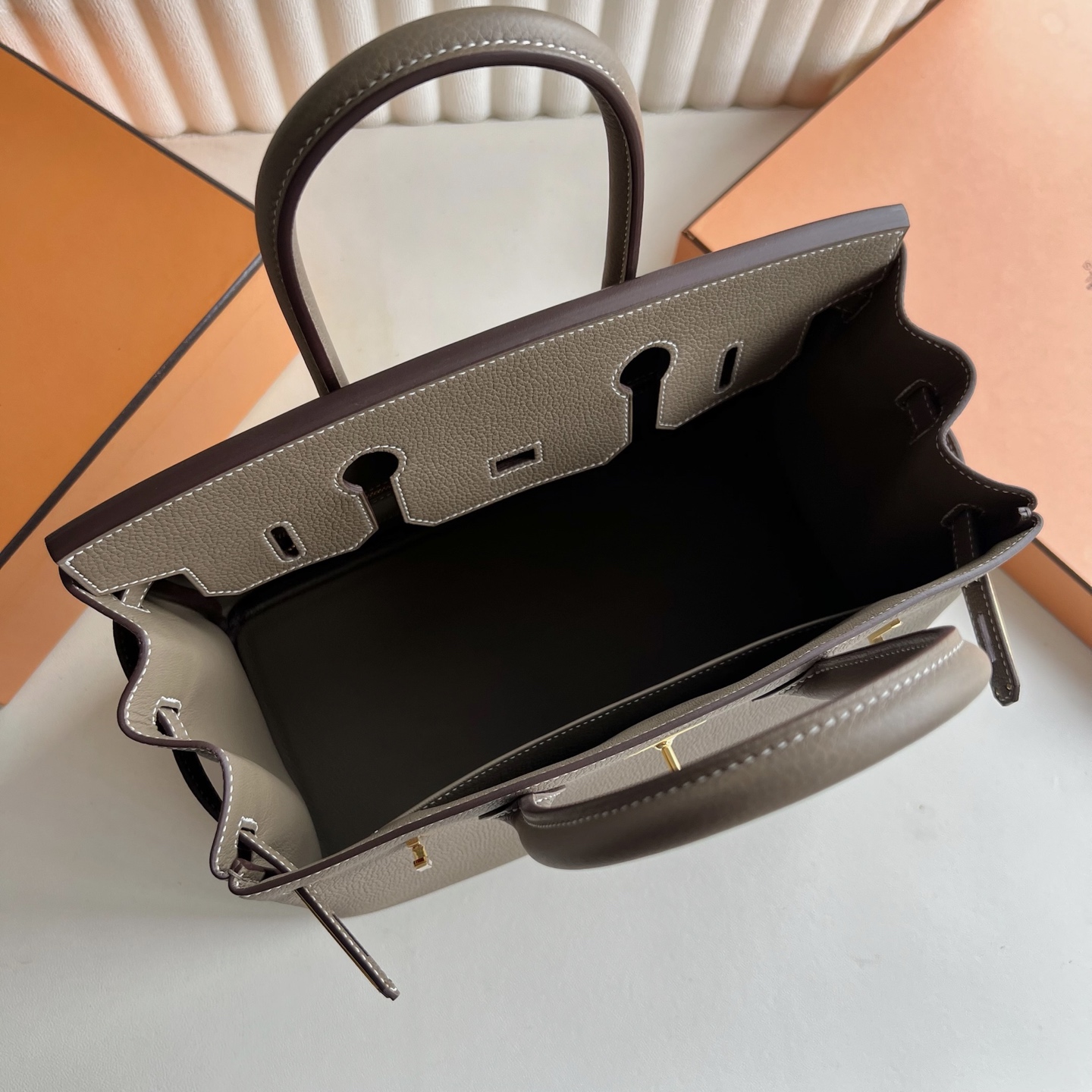 Birkin 30cm Togo original calfskin imported from Germany Color: 18 Elephant Gray Etoupe Fully Handmade Wax Thread Sewing Gold Buckle Customized✈️ - Image 4