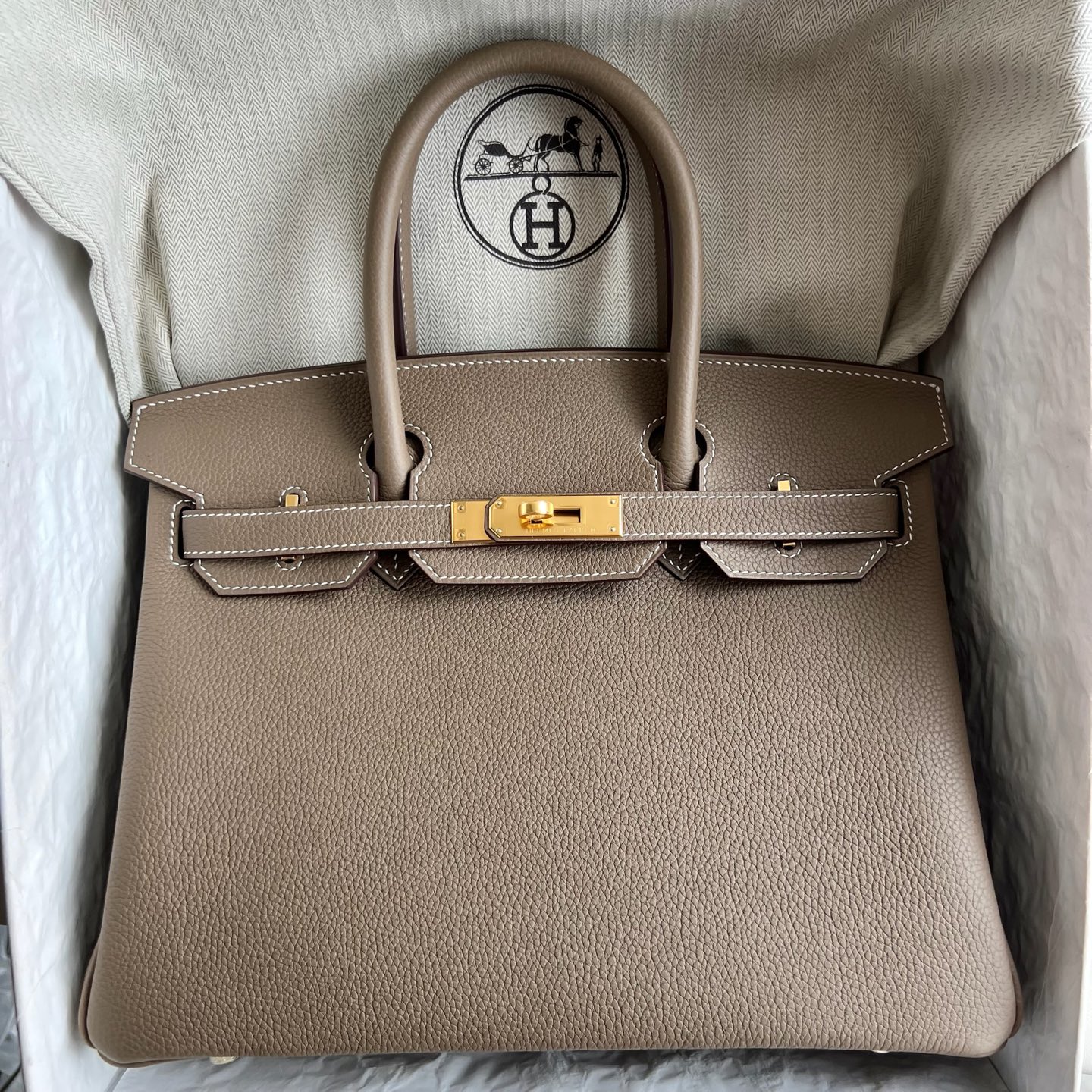 Birkin 30cm Togo original calfskin imported from Germany Color: 18 Elephant Gray Etoupe Fully Handmade Wax Thread Sewing Gold Buckle Customized✈️ - Image 11