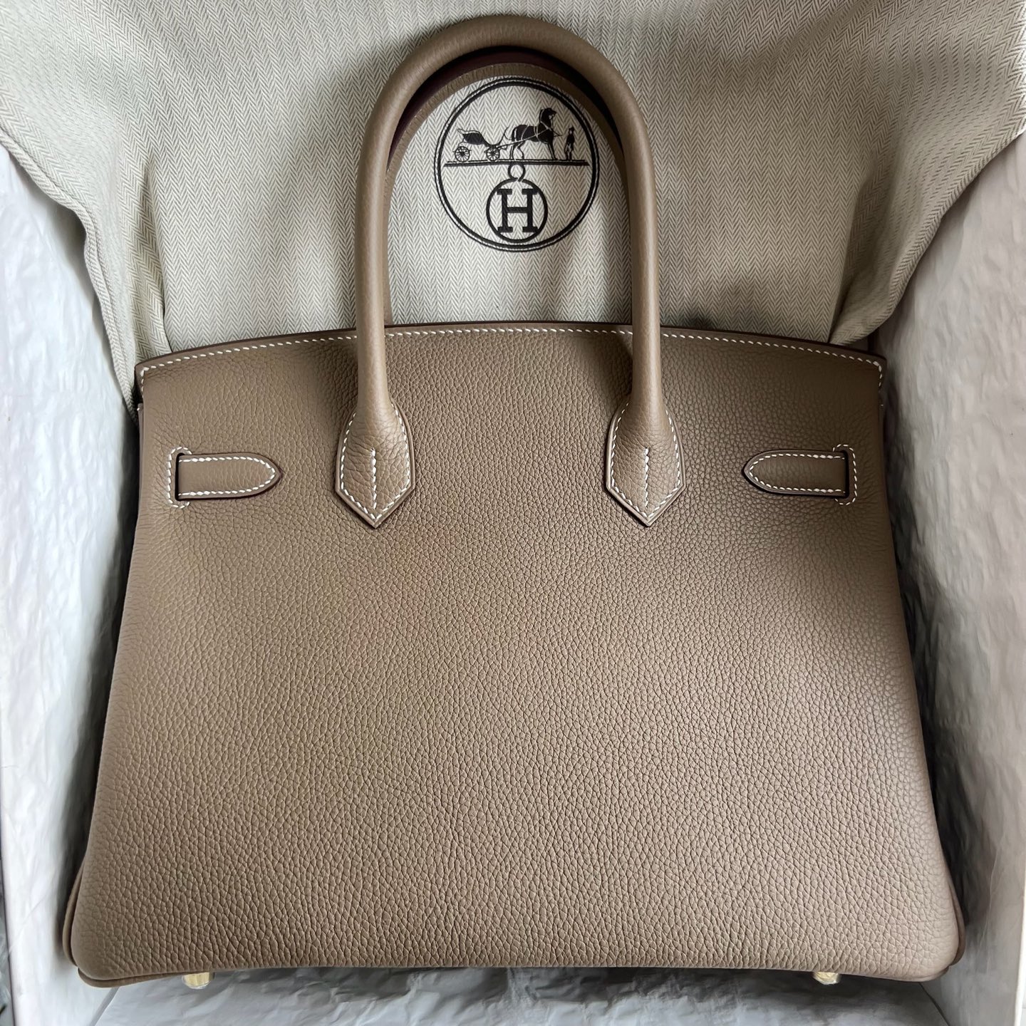 Birkin 30cm Togo original calfskin imported from Germany Color: 18 Elephant Gray Etoupe Fully Handmade Wax Thread Sewing Gold Buckle Customized✈️ - Image 12