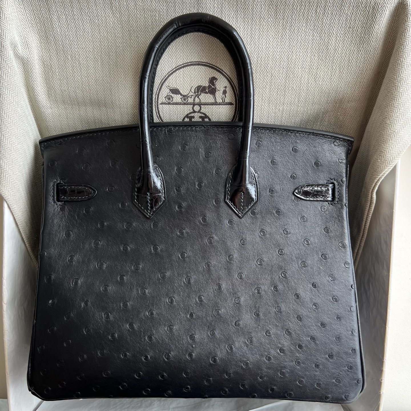 Birkin 25cm Ostrich/Shiny Alligator Crocodile Original KK ostrich leather combined with original HAC crocodile Color: Ck89 black Noir Ghw fully handmade wax stitching Gold buckle customized✈️ - Image 11