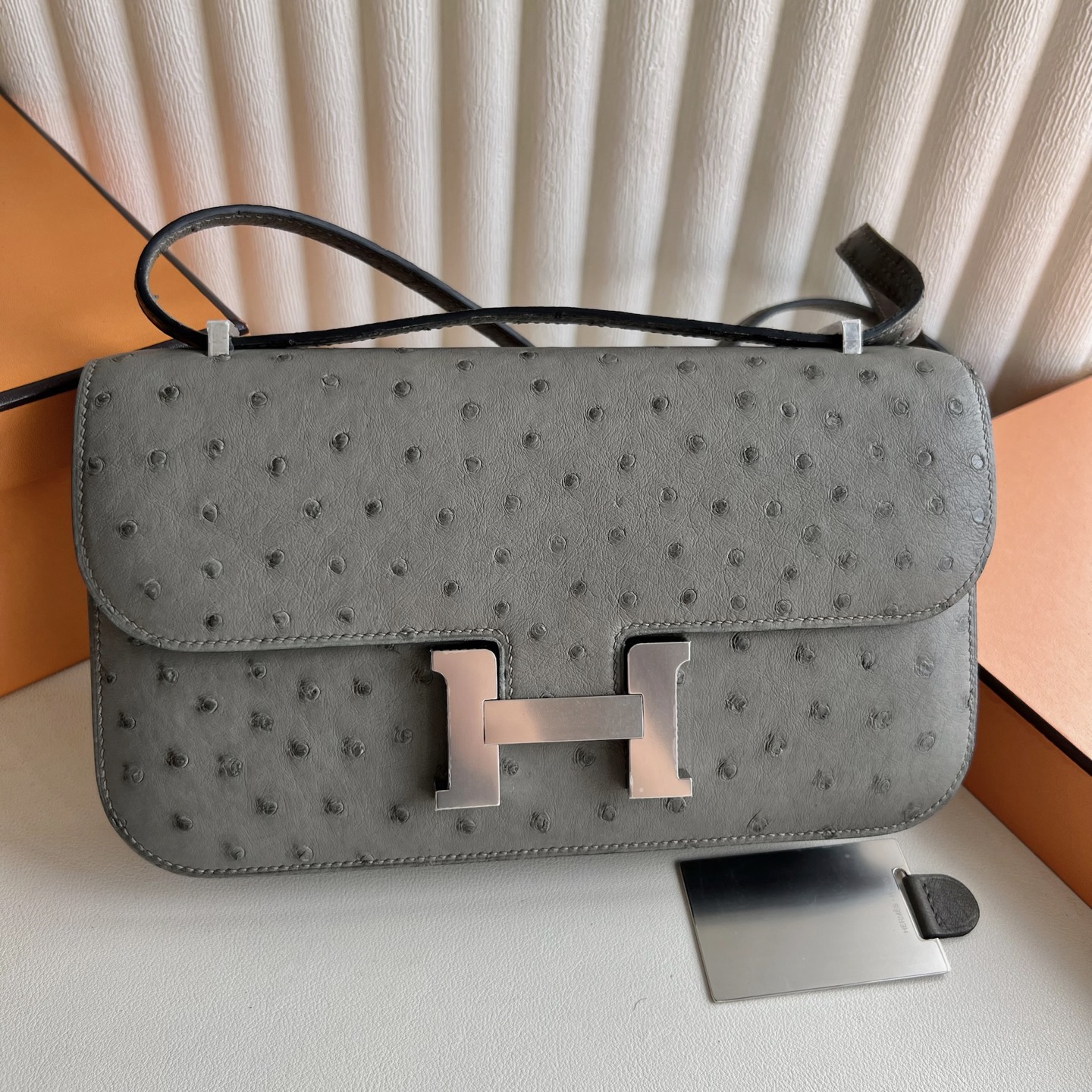 Constance 23cm Elan🪞Mirror Ostrich Color: 0L Cumulonimbus Gray Phw Fully handmade wax stitching Silver buckle customized✈️