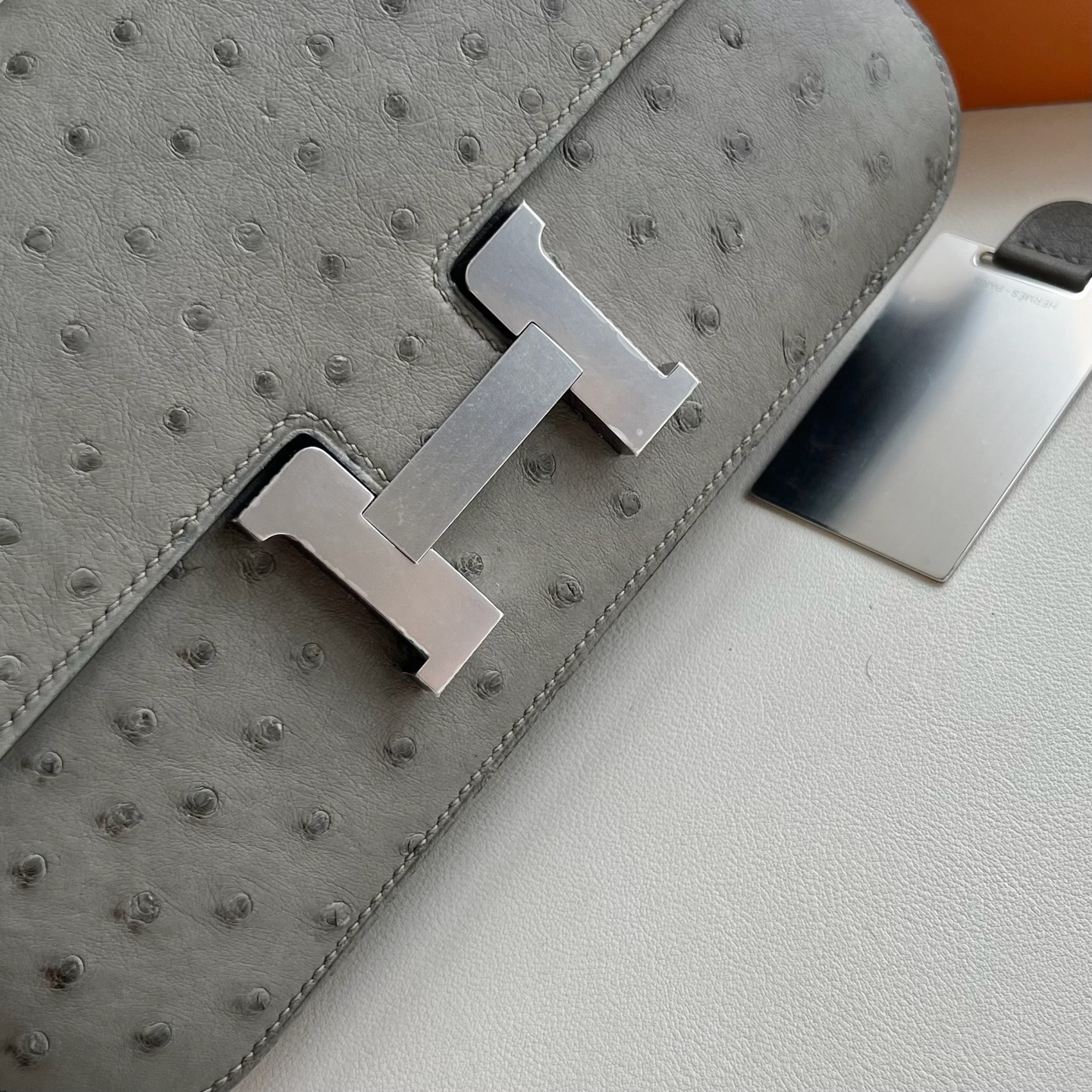 Constance 23cm Elan🪞Mirror Ostrich Color: 0L Cumulonimbus Gray Phw Fully handmade wax stitching Silver buckle customized✈️ - Image 2
