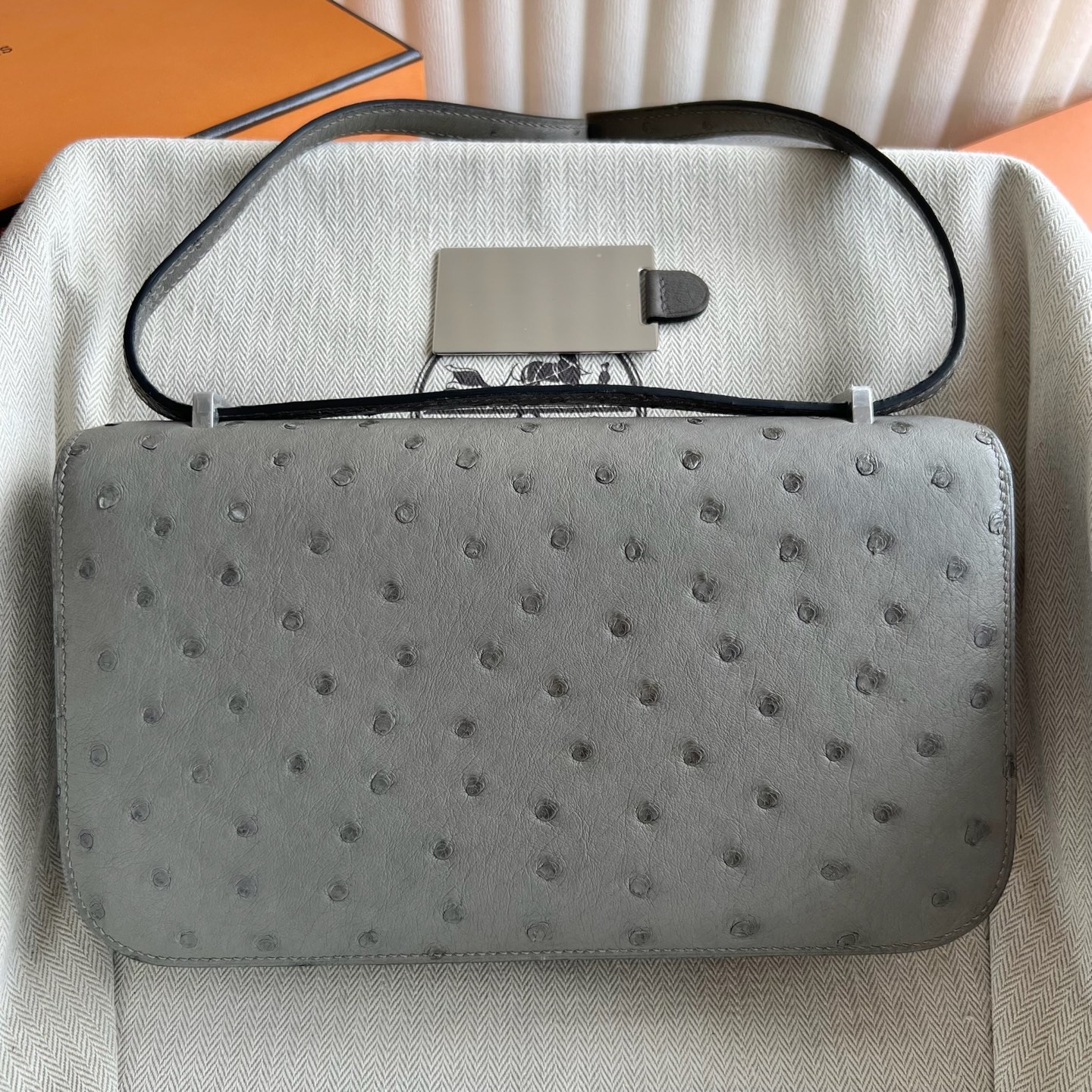Constance 23cm Elan🪞Mirror Ostrich Color: 0L Cumulonimbus Gray Phw Fully handmade wax stitching Silver buckle customized✈️ - Image 10