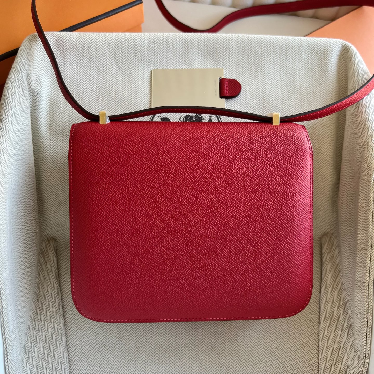 Constance 1-18cm mirror style🪞Epsom Color: Q5 flag red Rouge Casaque Ghw Fully handmade wax thread sewing, gold buckle, customized✈️ - Image 11