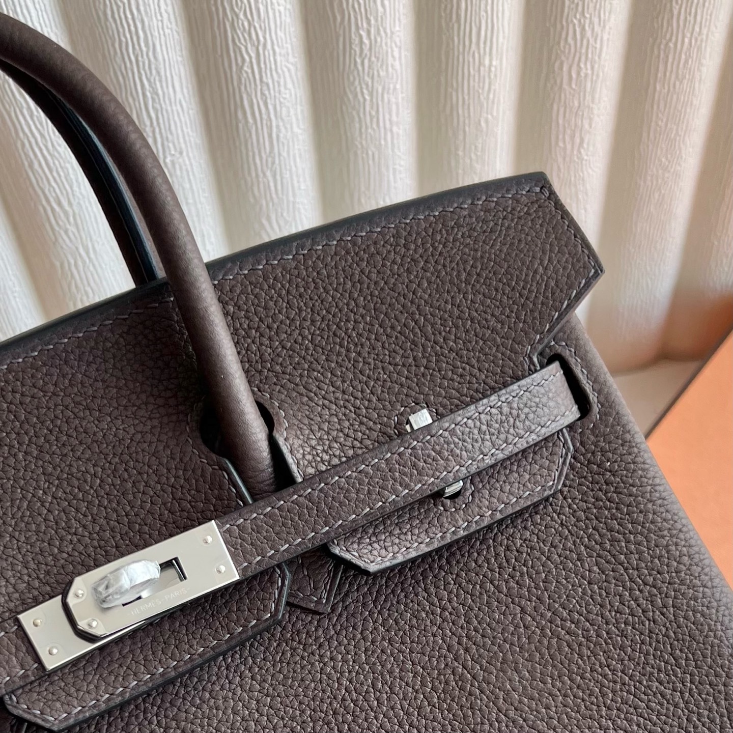 Birkin 25cm Barenia grain saddle leather Color: Ck46 ebony color Ebene fully handmade wax stitching Silver buckle customized✈️ - Image 2