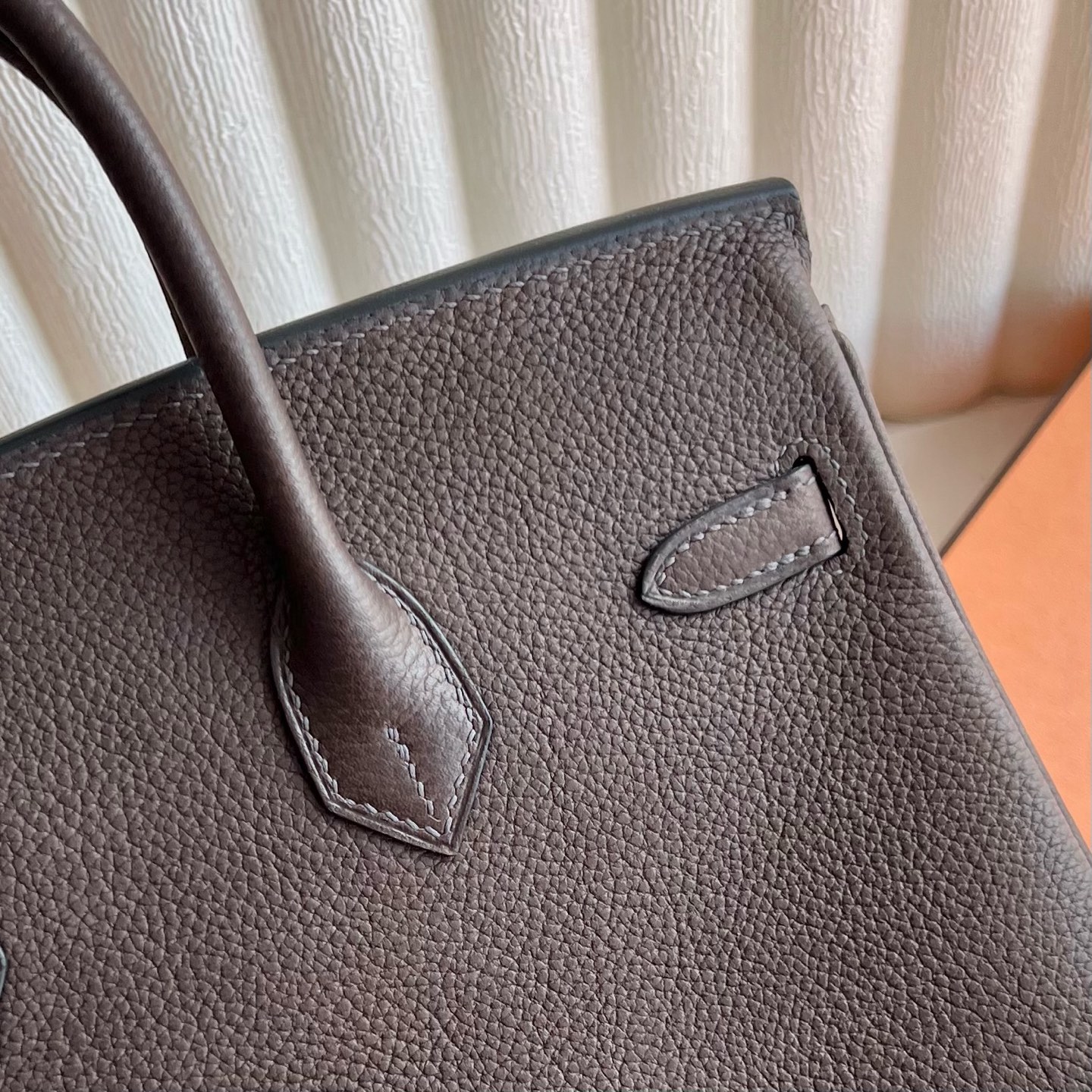 Birkin 25cm Barenia grain saddle leather Color: Ck46 ebony color Ebene fully handmade wax stitching Silver buckle customized✈️ - Image 5