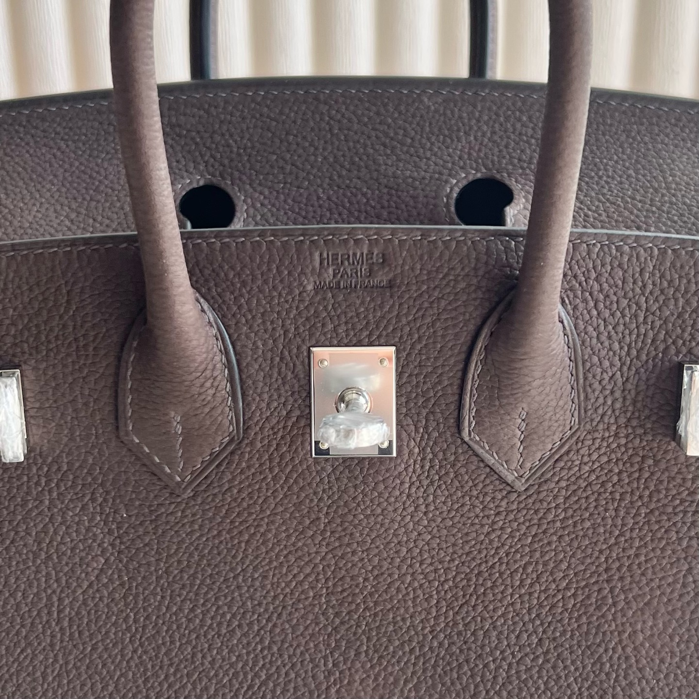 Birkin 25cm Barenia grain saddle leather Color: Ck46 ebony color Ebene fully handmade wax stitching Silver buckle customized✈️ - Image 7