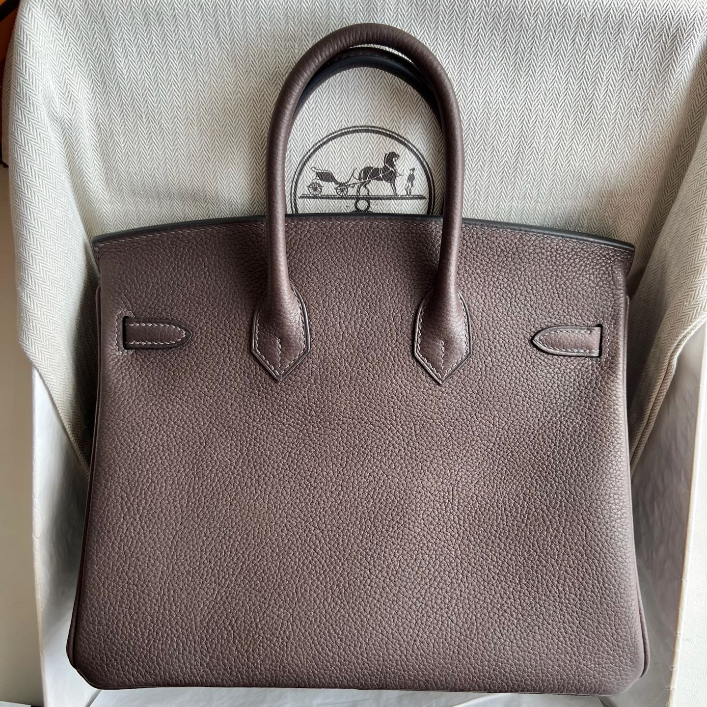 Birkin 25cm Barenia grain saddle leather Color: Ck46 ebony color Ebene fully handmade wax stitching Silver buckle customized✈️ - Image 11