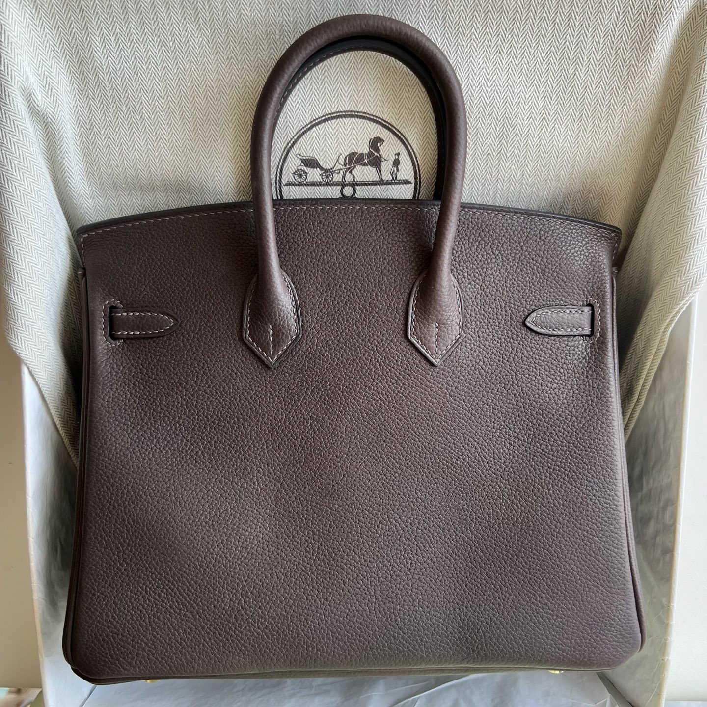 Birkin 25cm Barenia grain saddle leather Color: Ck46 ebony color Ebene fully handmade wax stitching Original hardware hand-engraved Ghw customized✈️ - Image 11