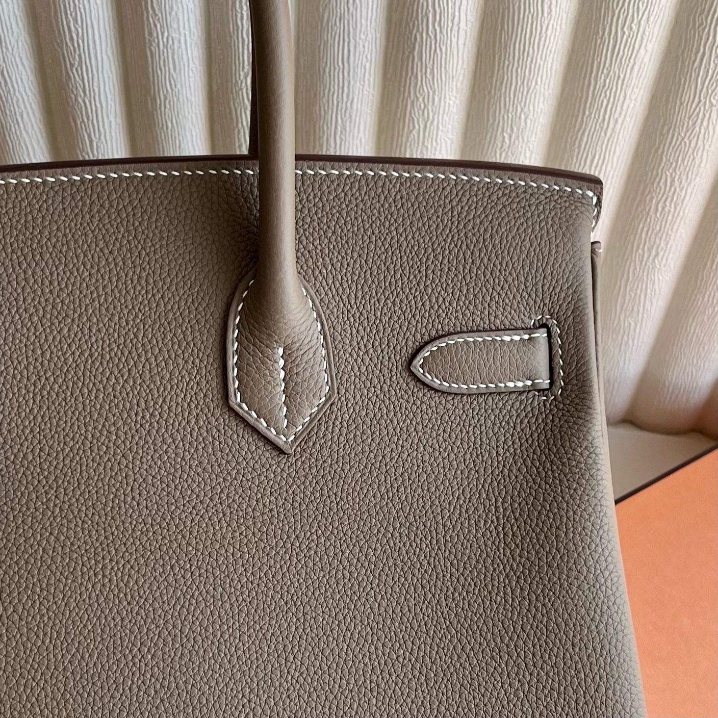 Spot Birkin 30cm Togo original German imported calfskin Color: Ck18 elephant gray Etoupe fully handmade wax stitching Silver buckle Stock - Image 5