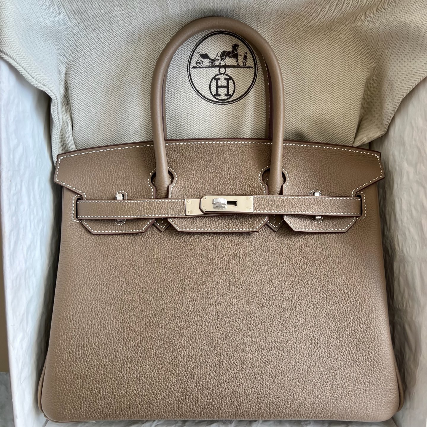 Spot Birkin 30cm Togo original German imported calfskin Color: Ck18 elephant gray Etoupe fully handmade wax stitching Silver buckle Stock - Image 10