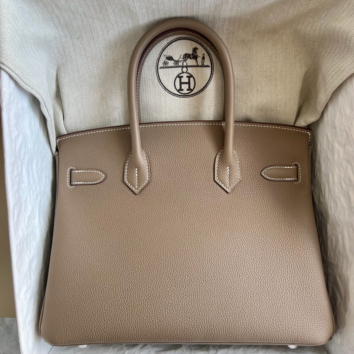 Spot Birkin 30cm Togo original German imported calfskin Color: Ck18 elephant gray Etoupe fully handmade wax stitching Silver buckle Stock - Image 11