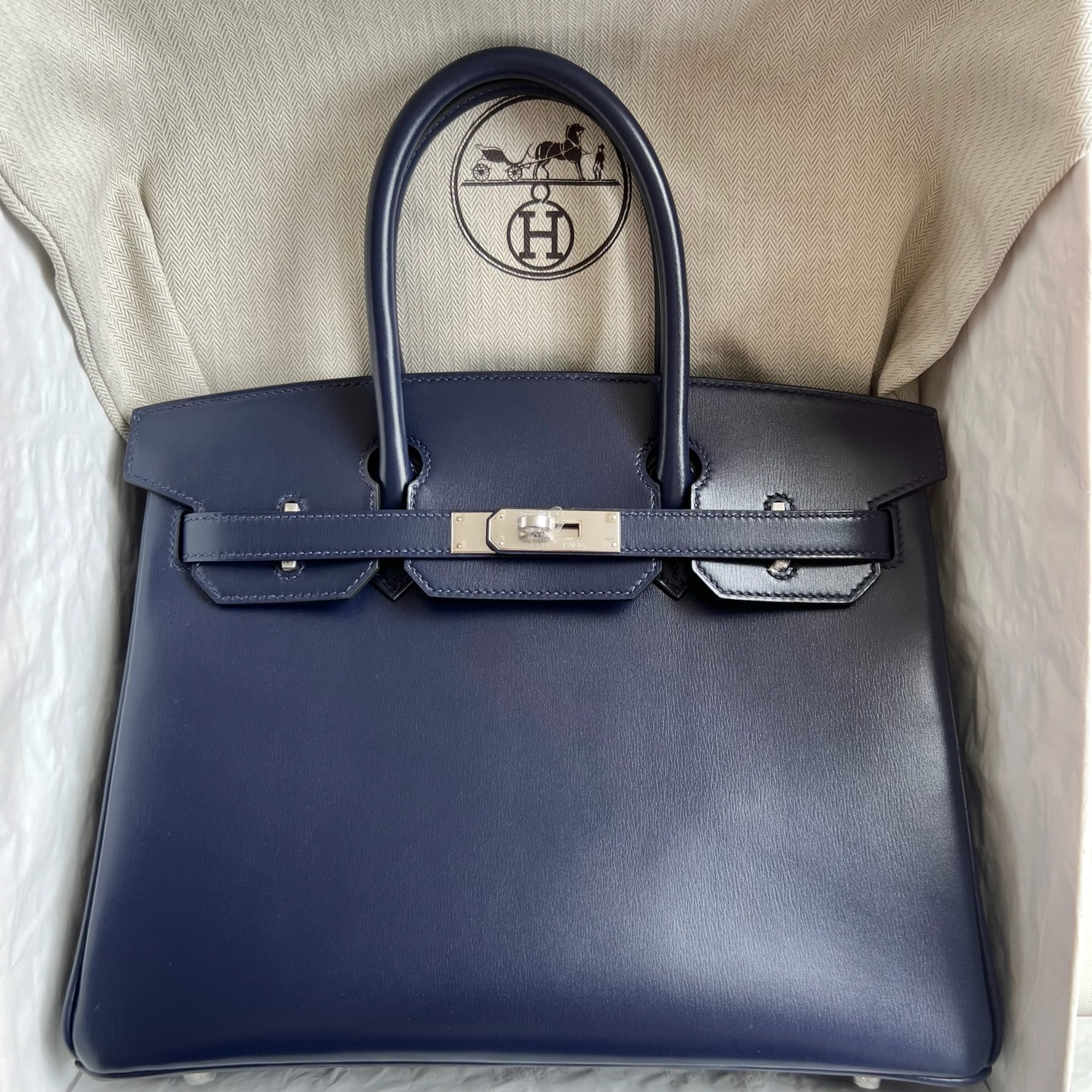 Birkin 30cm Box Color: Ck73 sapphire blue, fully handmade wax stitching Original hardware hand-engraved Silver buckle customized✈️ - Image 11
