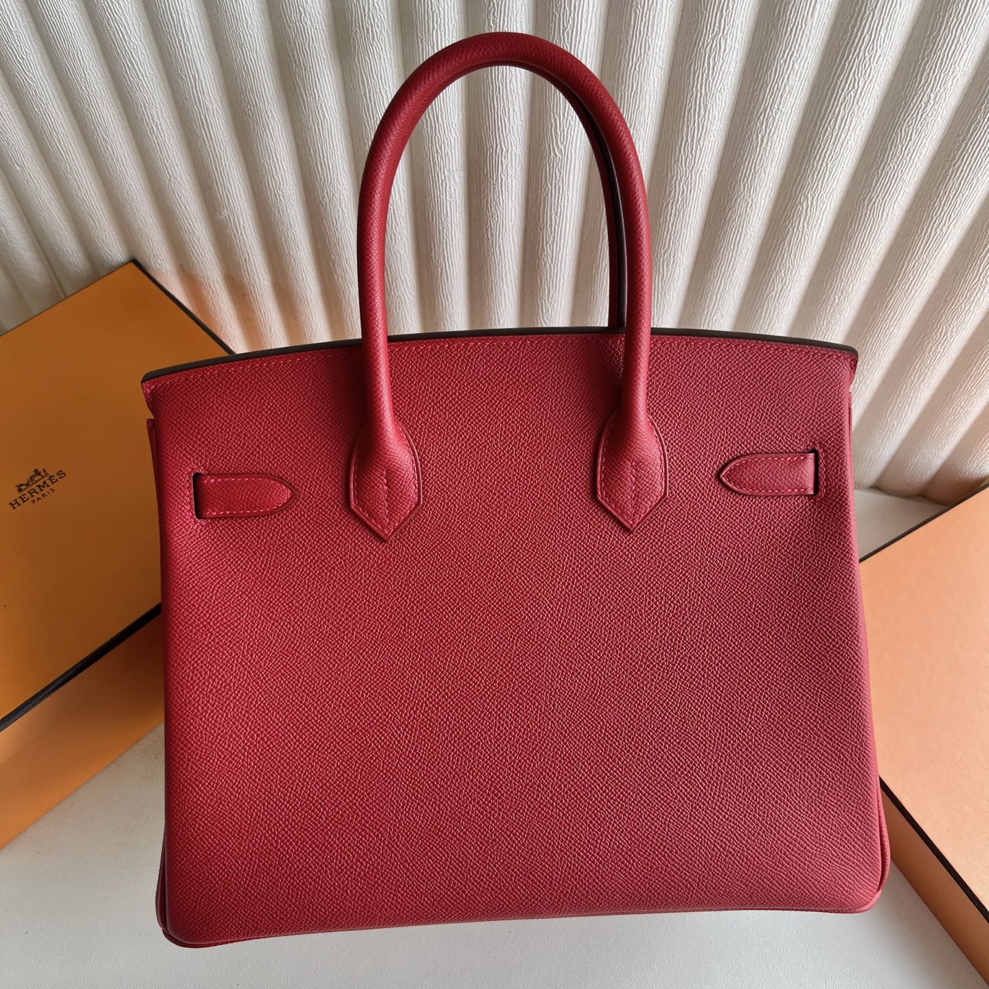 Birkin 30cm Epsom original imported from Germany palm print Color: Q5 national flag red Rouge Casaque, fully handmade wax stitching Gold buckle customized✈️ - Image 5