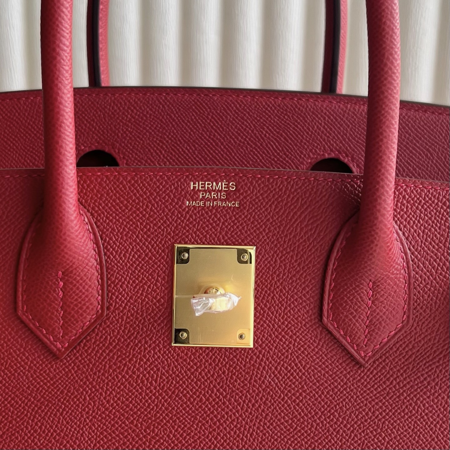 Birkin 30cm Epsom original imported from Germany palm print Color: Q5 national flag red Rouge Casaque, fully handmade wax stitching Gold buckle customized✈️ - Image 8