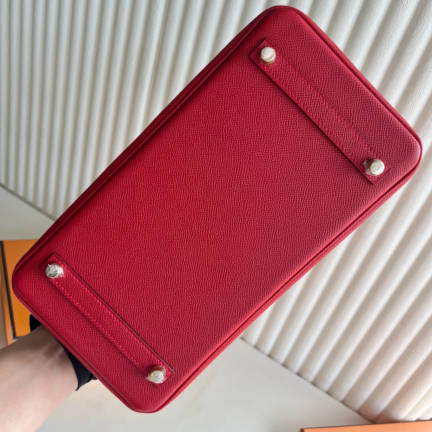 Birkin 30cm Epsom original imported from Germany palm print Color: Q5 national flag red Rouge Casaque, fully handmade wax stitching Gold buckle customized✈️ - Image 10