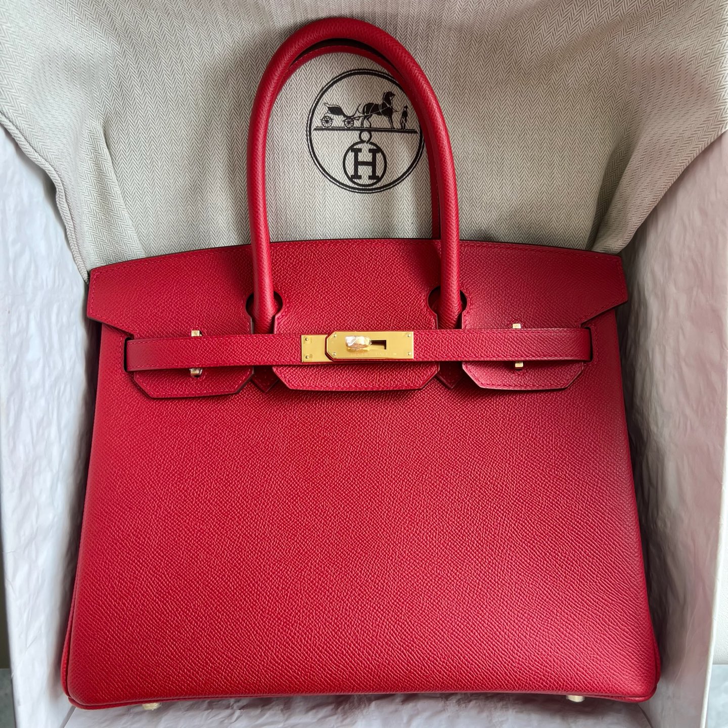 Birkin 30cm Epsom original imported from Germany palm print Color: Q5 national flag red Rouge Casaque, fully handmade wax stitching Gold buckle customized✈️ - Image 11