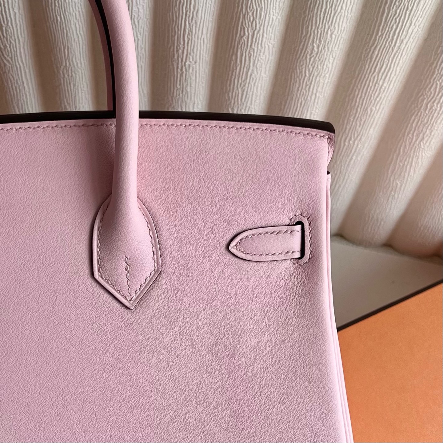 Birkin 25cm Swift Color: 3Q new pink Rose Sakura silver buckle fully handmade wax stitching Original hardware hand-engraved Phw customized✈️ - Image 6