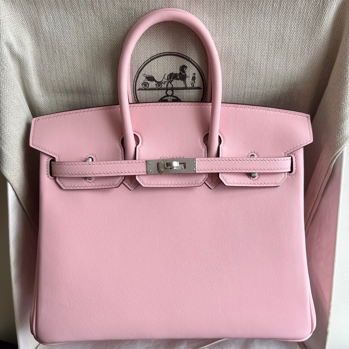Birkin 25cm Swift Color: 3Q new pink Rose Sakura silver buckle fully handmade wax stitching Original hardware hand-engraved Phw customized✈️ - Image 11