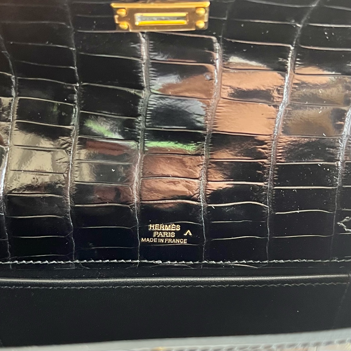 MiniKelly Pochette 22cm Glossy Inverted V Australian Crocodile Micro Beads Shiny Porosus Crocodile Color: Ck89 black Noir fully handmade wax thread sewing Gold buckle customized✈️ - Image 8