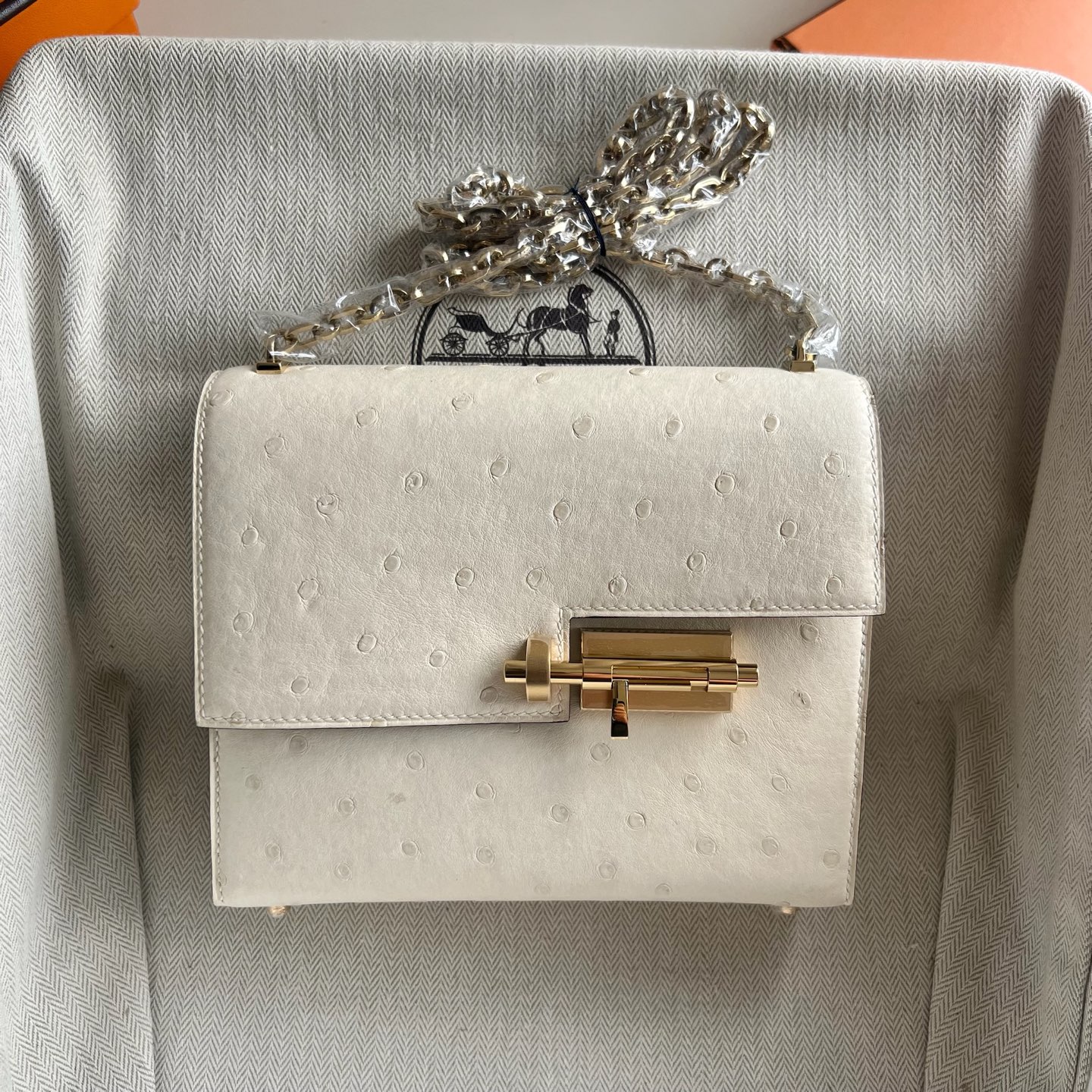 Verrou 17.5cm Ostrich original kk South Africa imported ostrich leather Color: I2 cream white Nata Permabrass Fully handmade wax stitching, light gold buckle, customized✈️ - Image 10