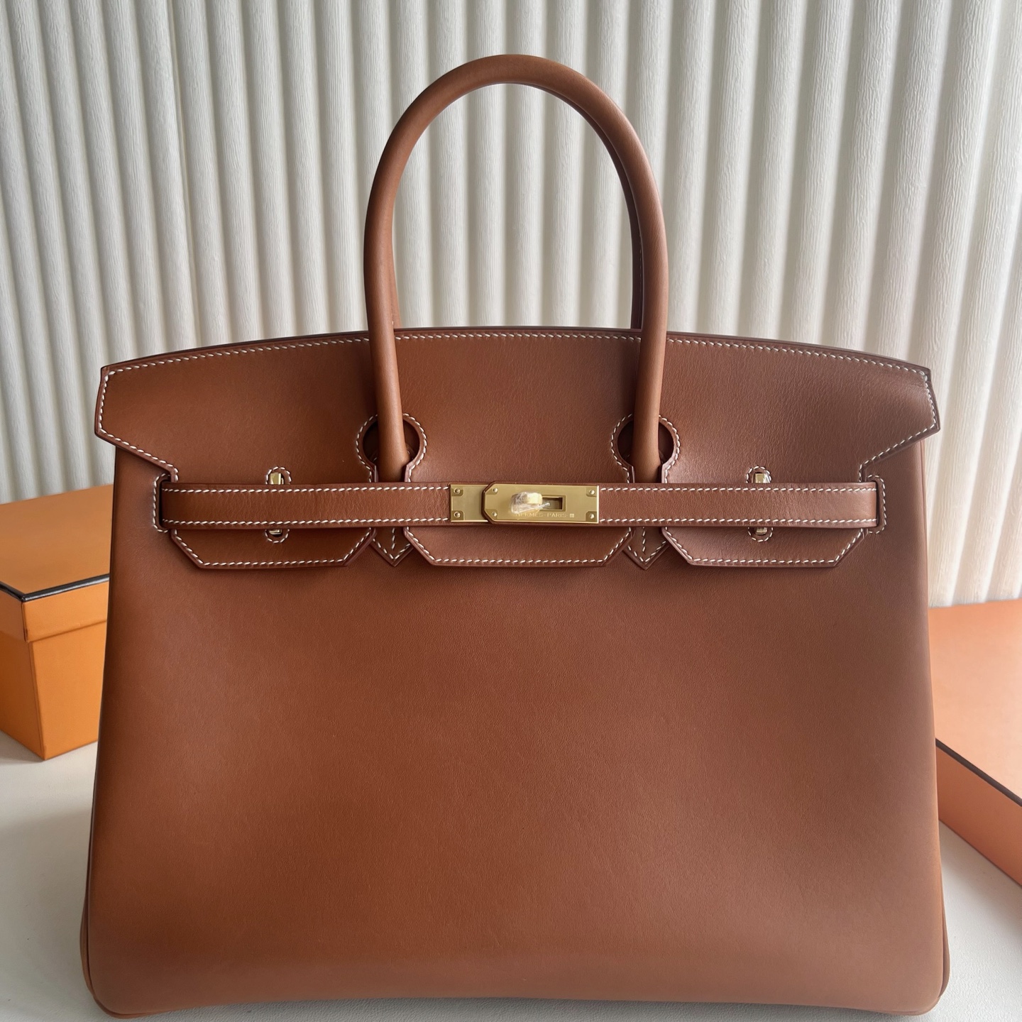 Birkin 35cm Barenia plain saddle leather Color: 37 golden brown Gold Fully handmade wax stitching Original hardware hand-engraved Gold buckle customized✈️ - Image 11