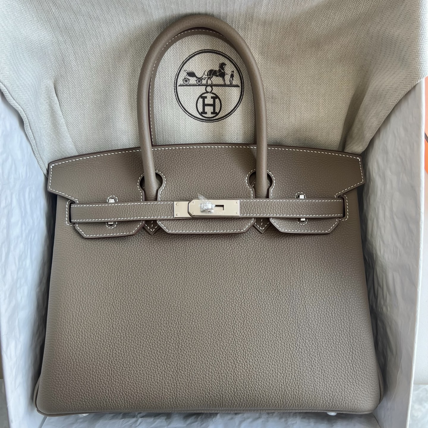 Birkin 30cm Togo original calfskin imported from Germany Color: Ck18 elephant gray Etoupe fully handmade wax stitching Original hardware hand-engraved Silver buckle customized✈️ - Image 11