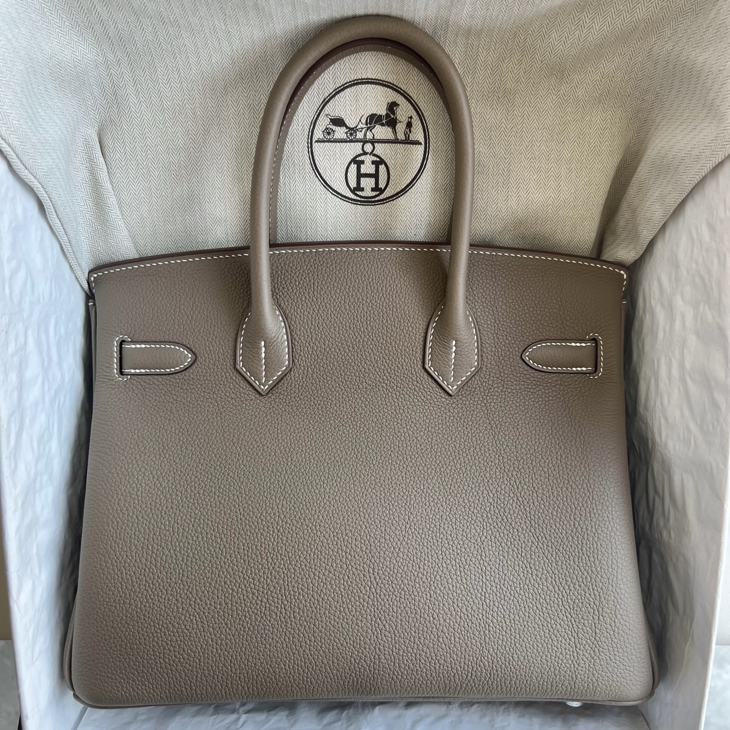 Birkin 30cm Togo original calfskin imported from Germany Color: Ck18 elephant gray Etoupe fully handmade wax stitching Original hardware hand-engraved Silver buckle customized✈️ - Image 12