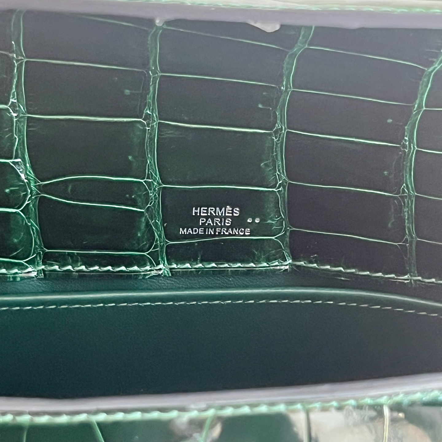 MiniKelly Pochette 22cm Glossy Nile Crocodile Shiny Nilo Crocodile Color: Ck67 emerald Vert Fonce fully handmade wax stitching Silver buckle customized✈️ - Image 7