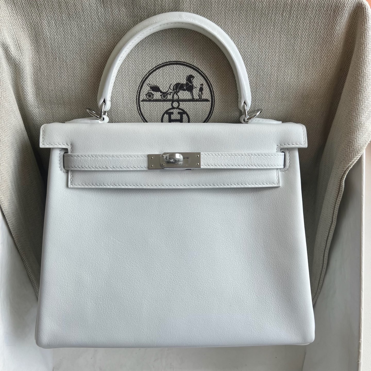 Kelly 25cm Swift original imported plain leather Color: 01 pure white, white silver buckle, fully handmade wax stitching Silver buckle customized✈️ - Image 11