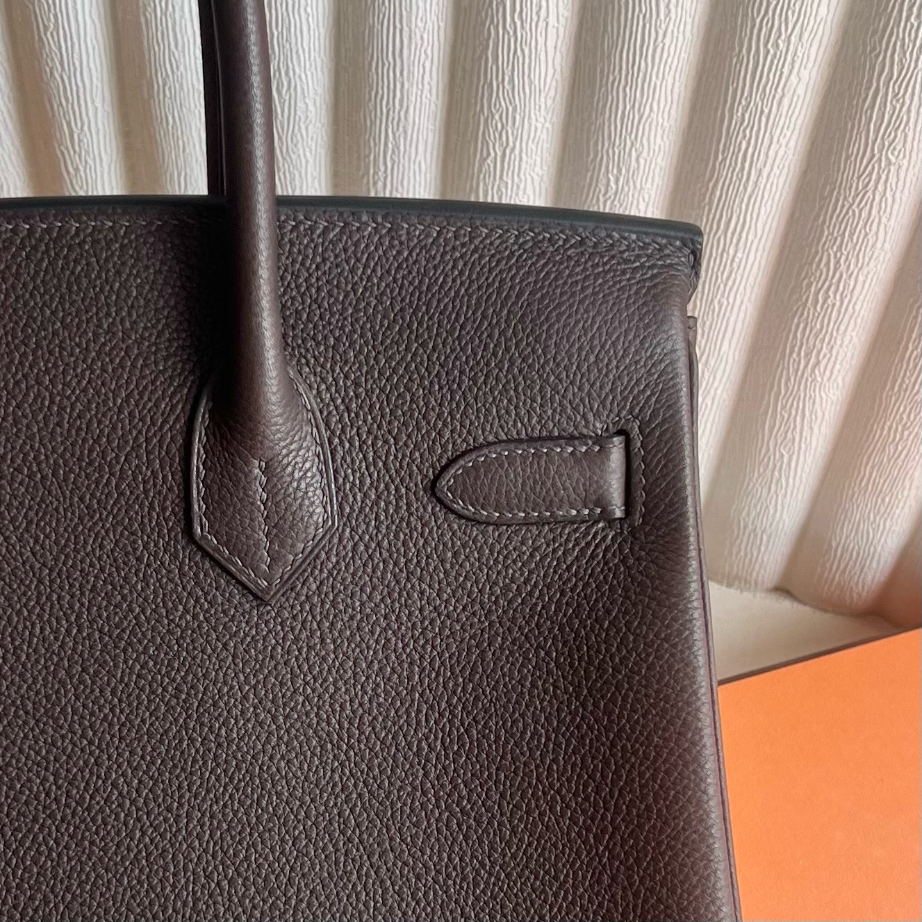 Birkin 30cm Barenia grain saddle leather Color: Ck46 ebony color Ebene silver buckle fully handmade wax stitching Phw customized✈️ - Image 6