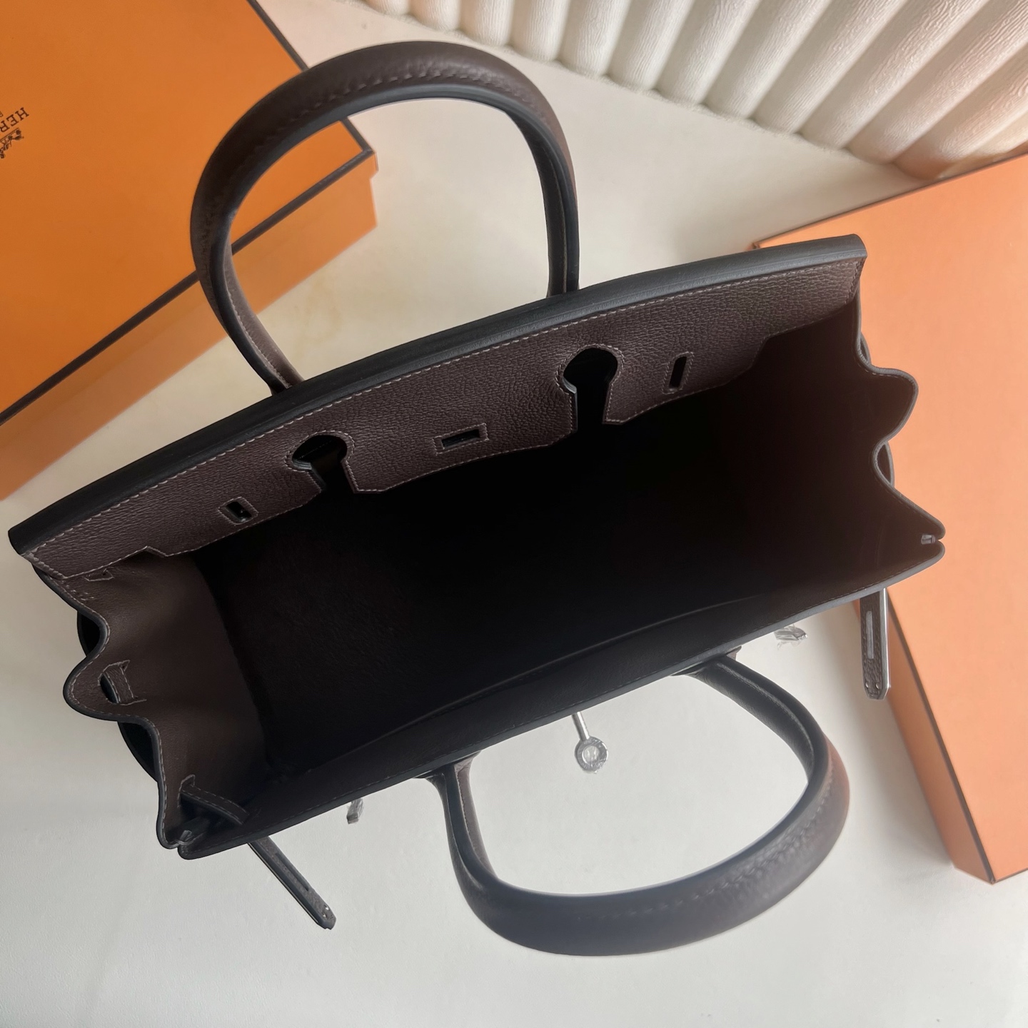 Birkin 30cm Barenia grain saddle leather Color: Ck46 ebony color Ebene silver buckle fully handmade wax stitching Phw customized✈️ - Image 7