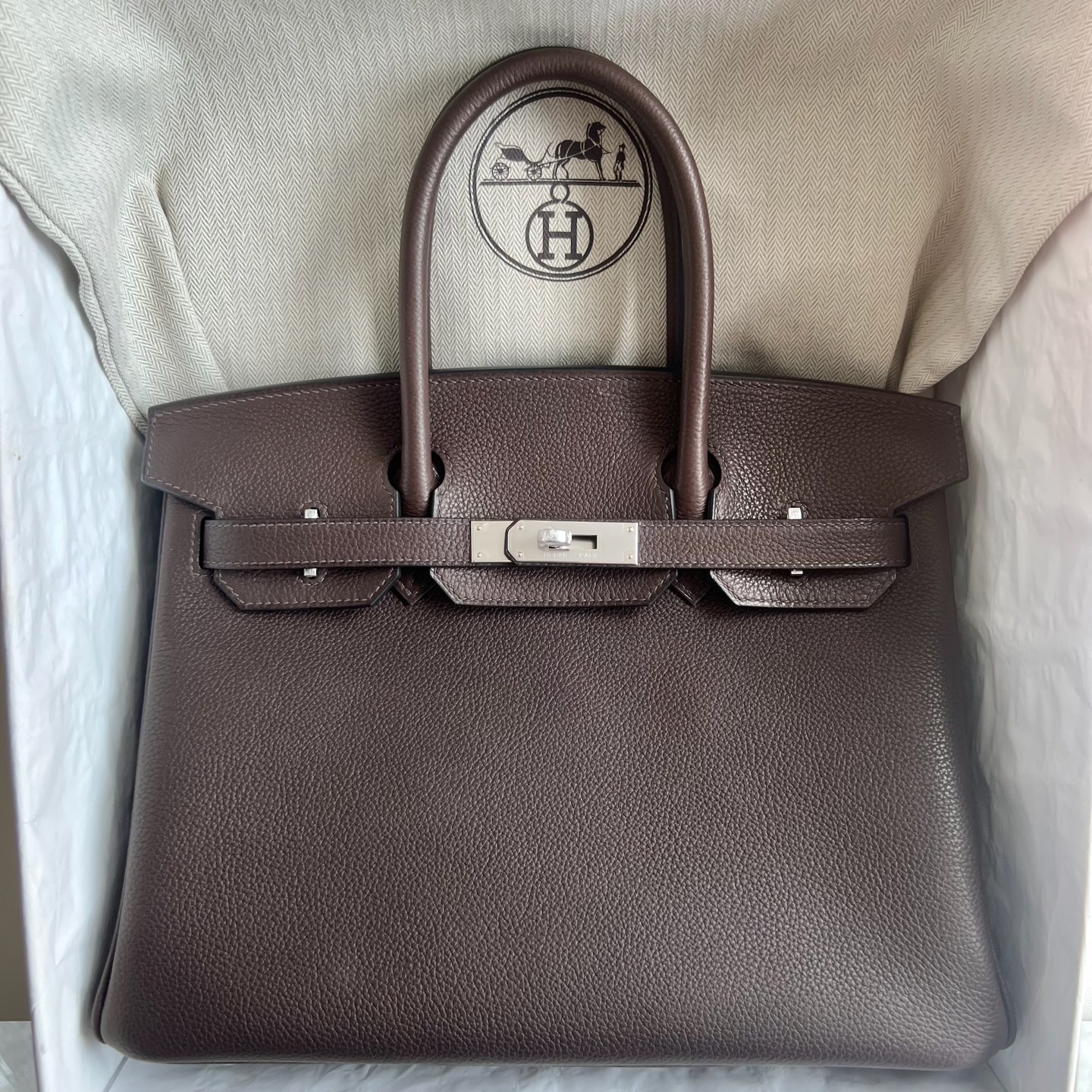 Birkin 30cm Barenia grain saddle leather Color: Ck46 ebony color Ebene silver buckle fully handmade wax stitching Phw customized✈️ - Image 11