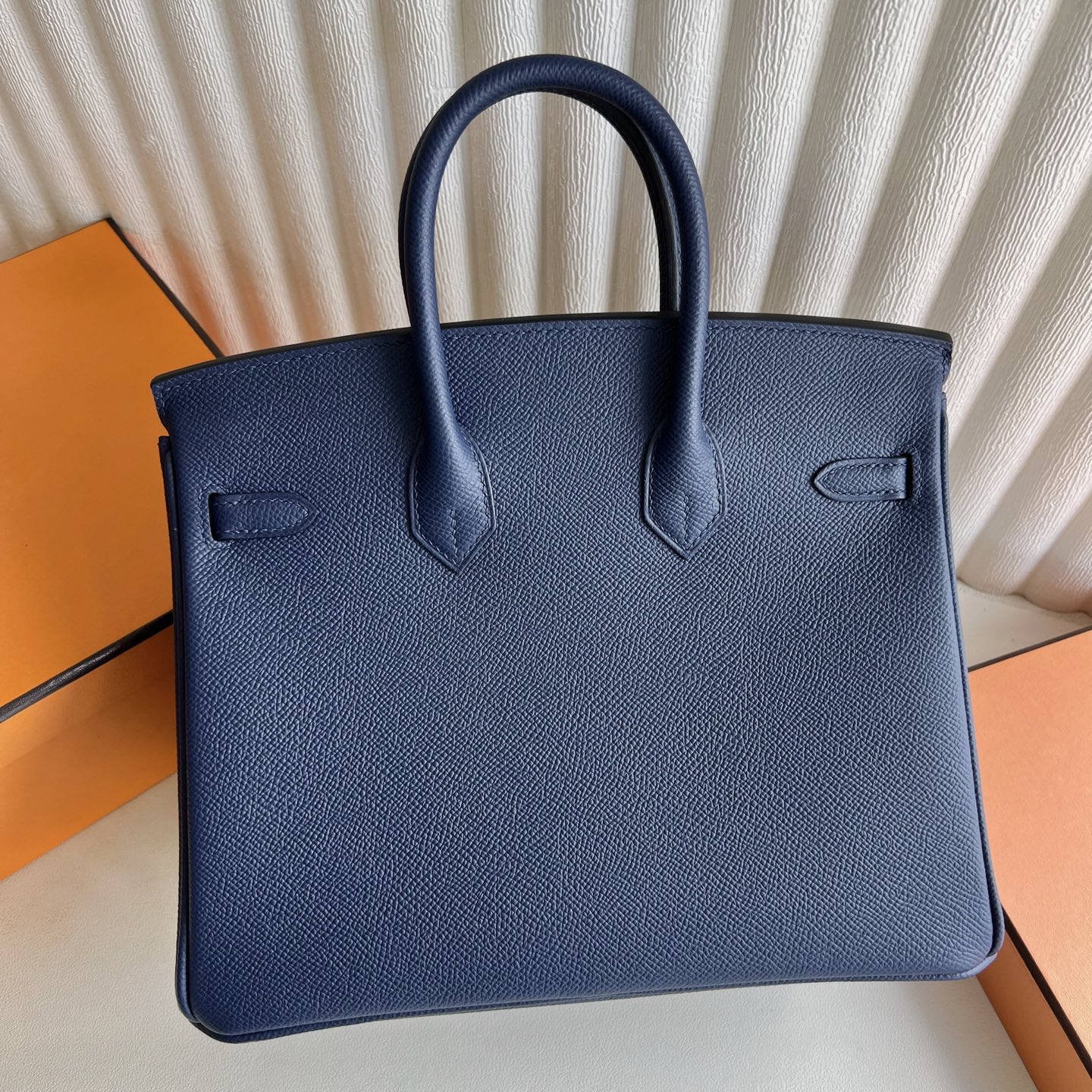 Birkin 25cm Epsom original imported from Germany palm print Color: Ck73 Sapphire Blue Blue Sapphire Phw Fully handmade wax thread sewing, silver buckle, customized✈️ - Image 5
