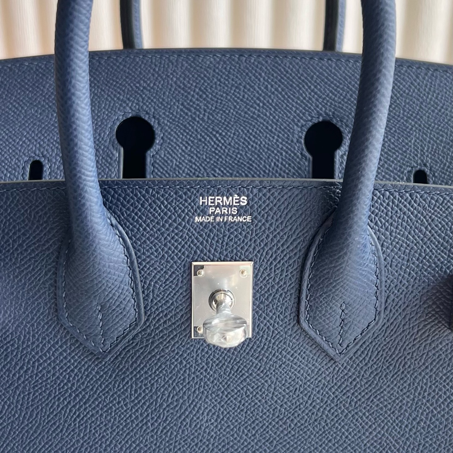 Birkin 25cm Epsom original imported from Germany palm print Color: Ck73 Sapphire Blue Blue Sapphire Phw Fully handmade wax thread sewing, silver buckle, customized✈️ - Image 9