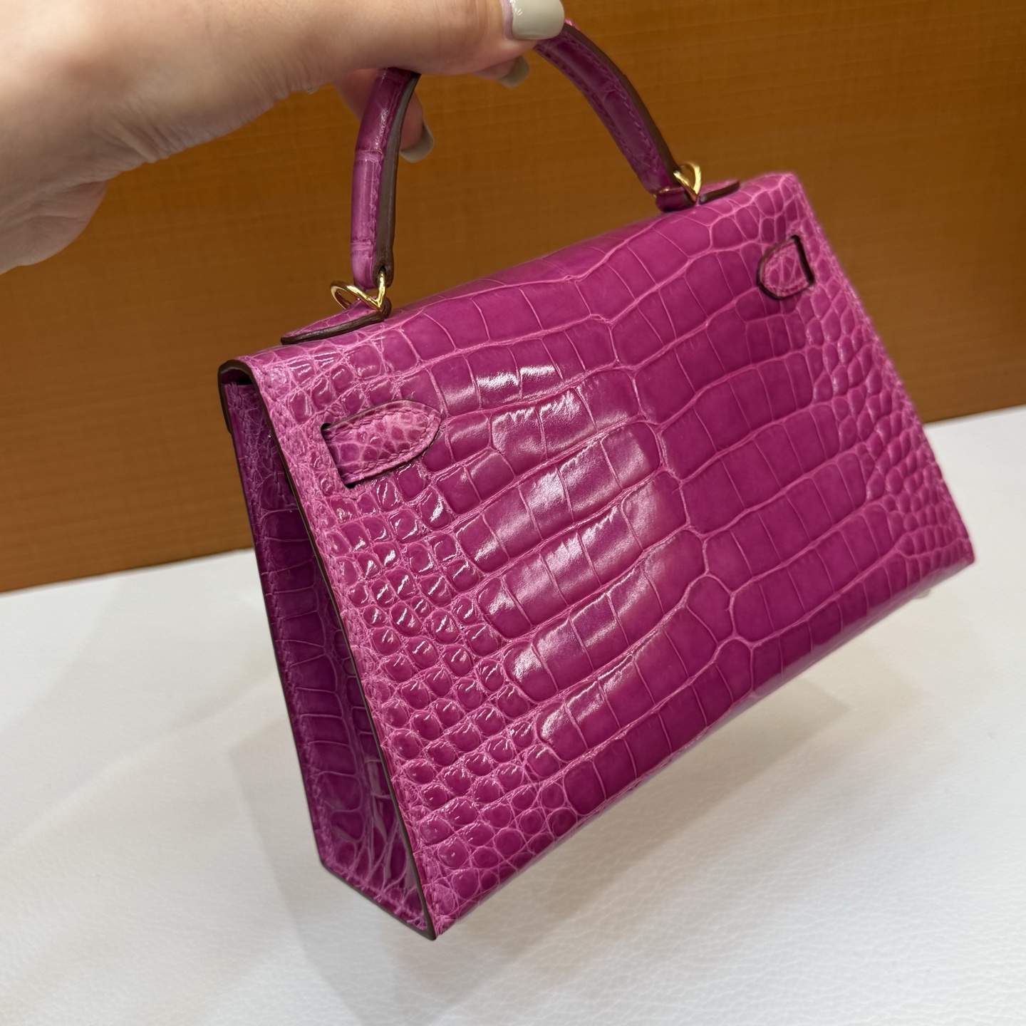 Kelly Mini Glossy American Alligator Color: J5 Arabian Nights Pink Purple Gold Buckle Fully Handmade Wax Seam Shiny Alligator Crocodile Ghw Stock - Image 6