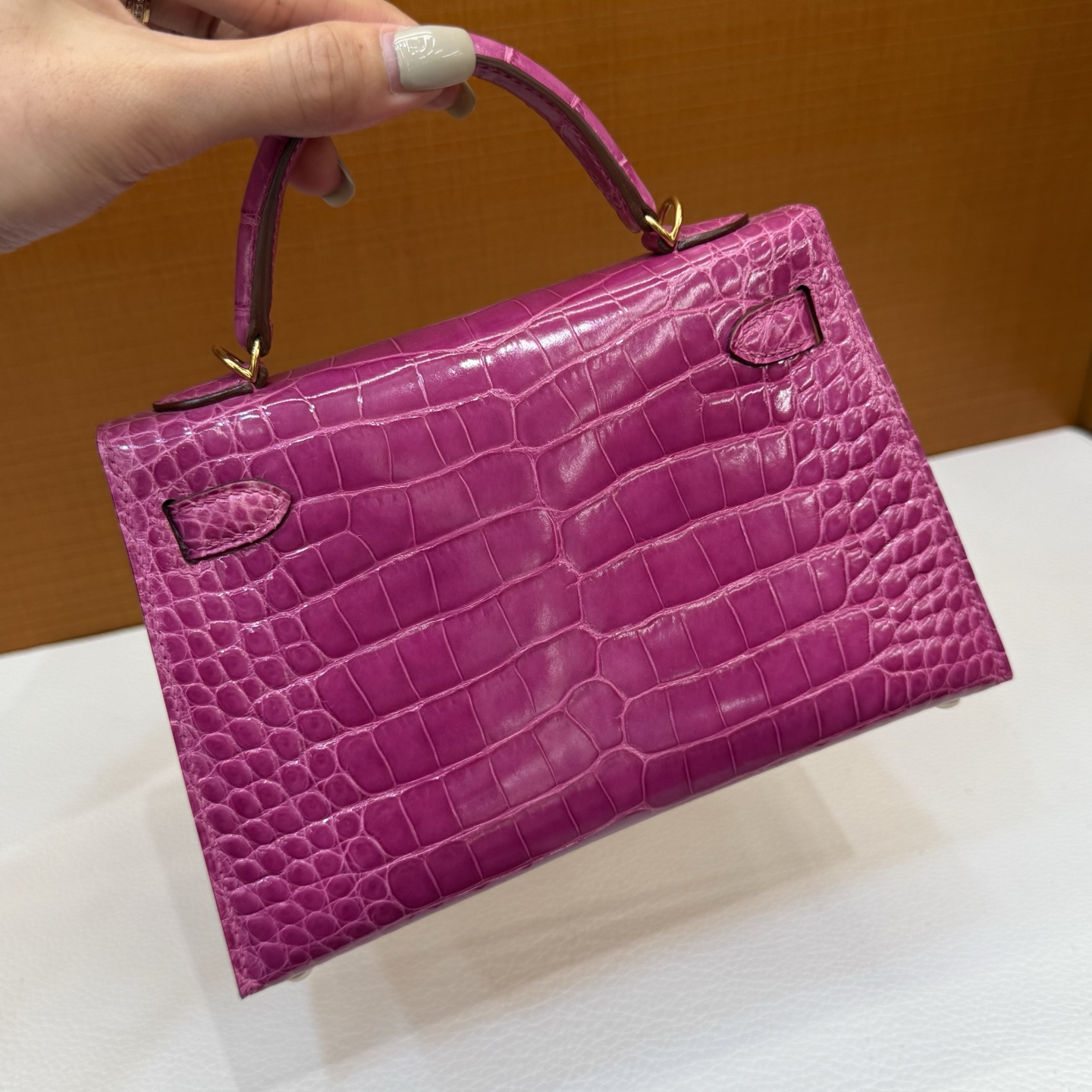 Kelly Mini Glossy American Alligator Color: J5 Arabian Nights Pink Purple Gold Buckle Fully Handmade Wax Seam Shiny Alligator Crocodile Ghw Stock - Image 7