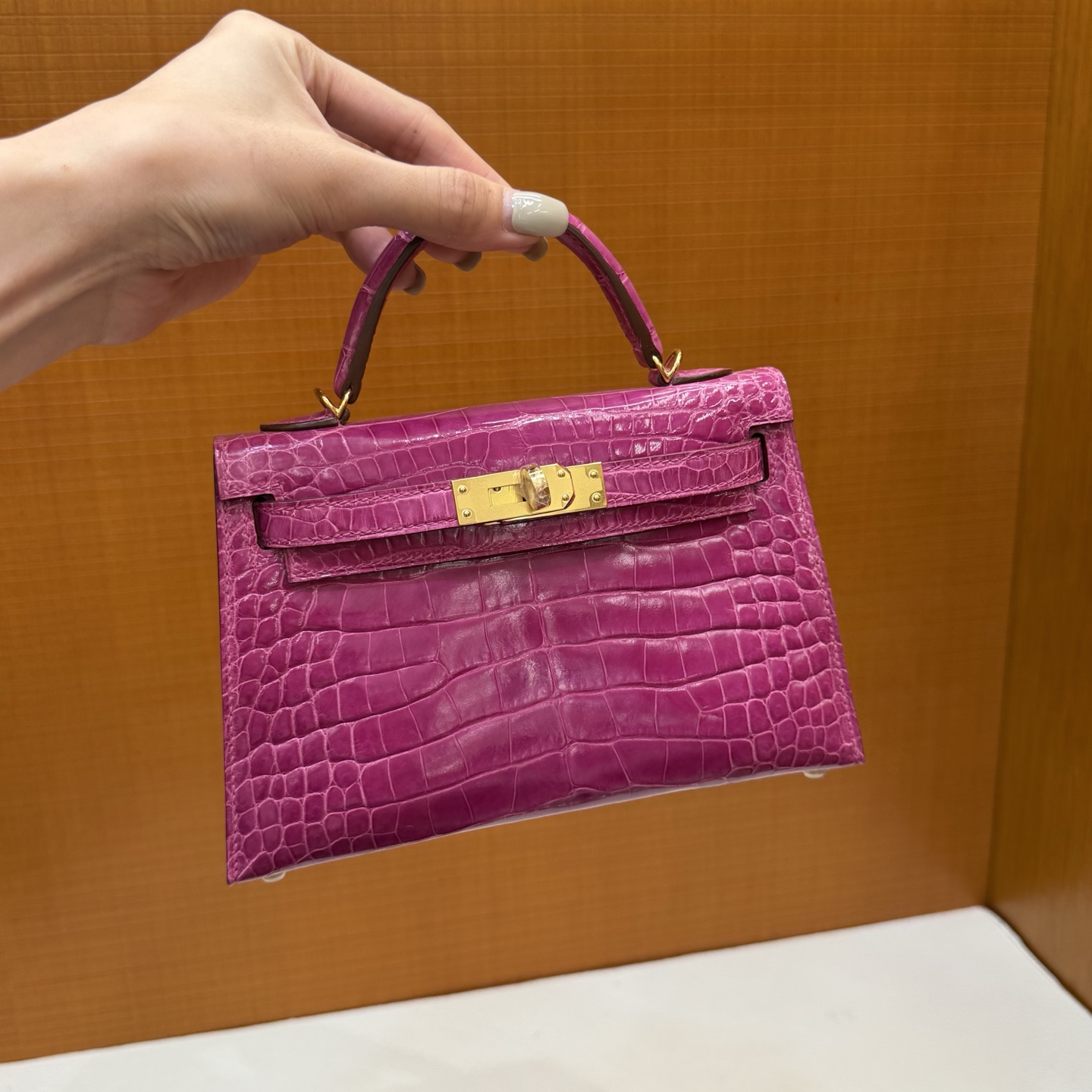 Kelly Mini Glossy American Alligator Color: J5 Arabian Nights Pink Purple Gold Buckle Fully Handmade Wax Seam Shiny Alligator Crocodile Ghw Stock - Image 11