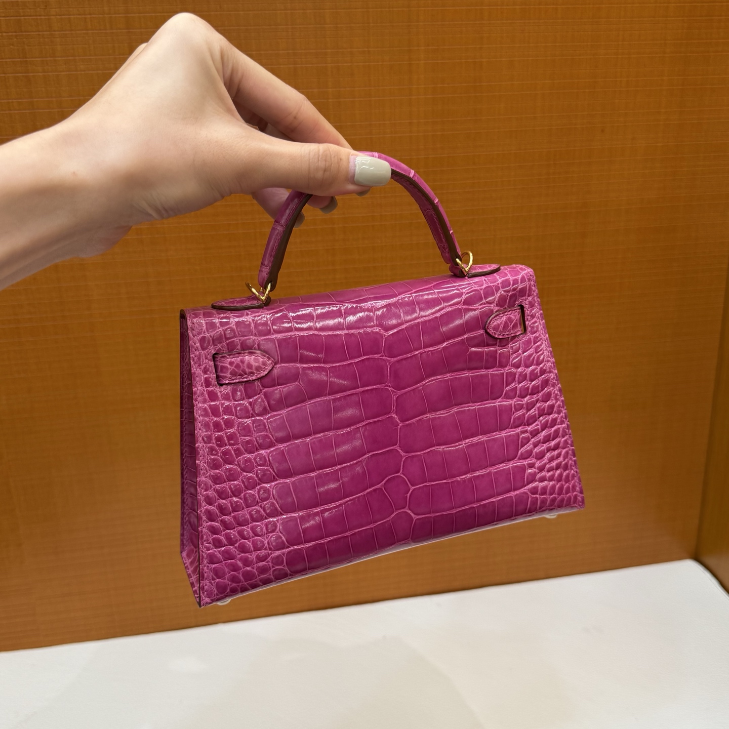Kelly Mini Glossy American Alligator Color: J5 Arabian Nights Pink Purple Gold Buckle Fully Handmade Wax Seam Shiny Alligator Crocodile Ghw Stock - Image 13