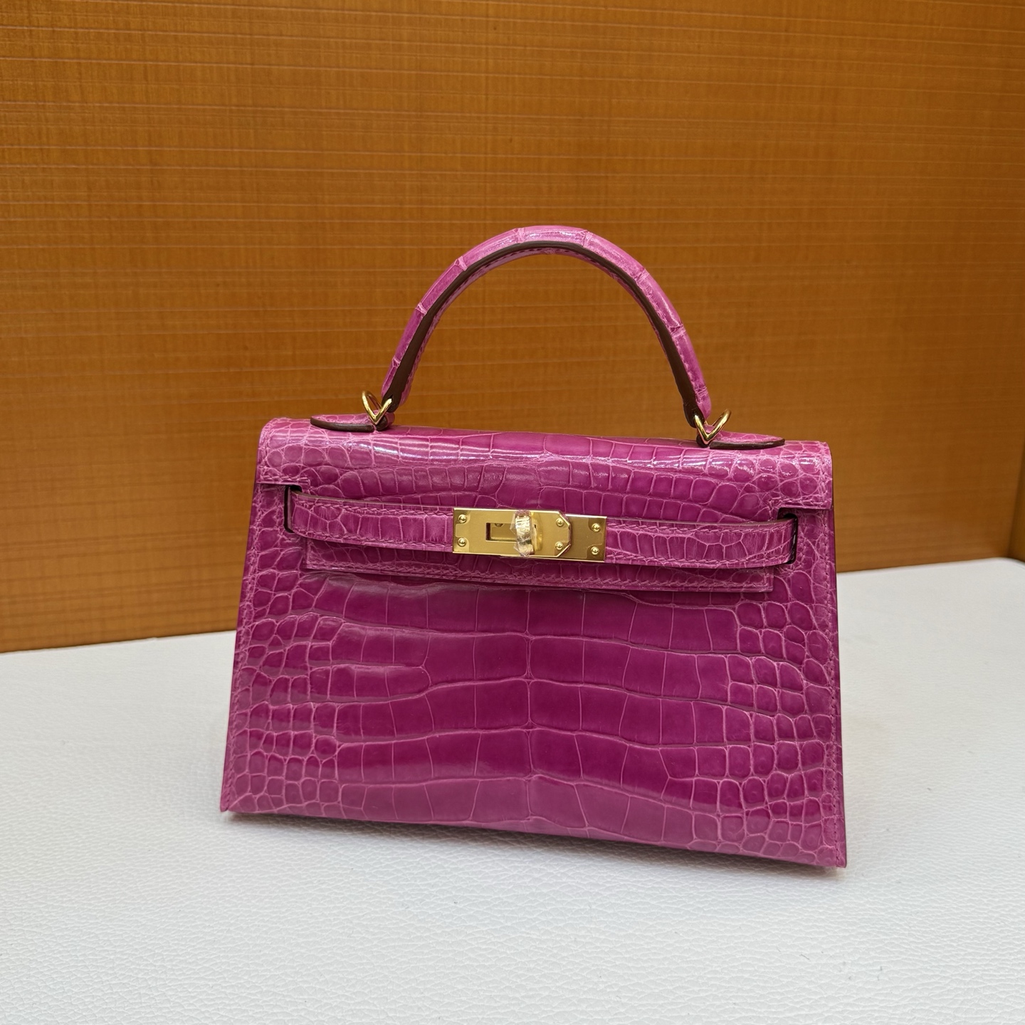 Kelly Mini Glossy American Alligator Color: J5 Arabian Nights Pink Purple Gold Buckle Fully Handmade Wax Seam Shiny Alligator Crocodile Ghw Stock - Image 14