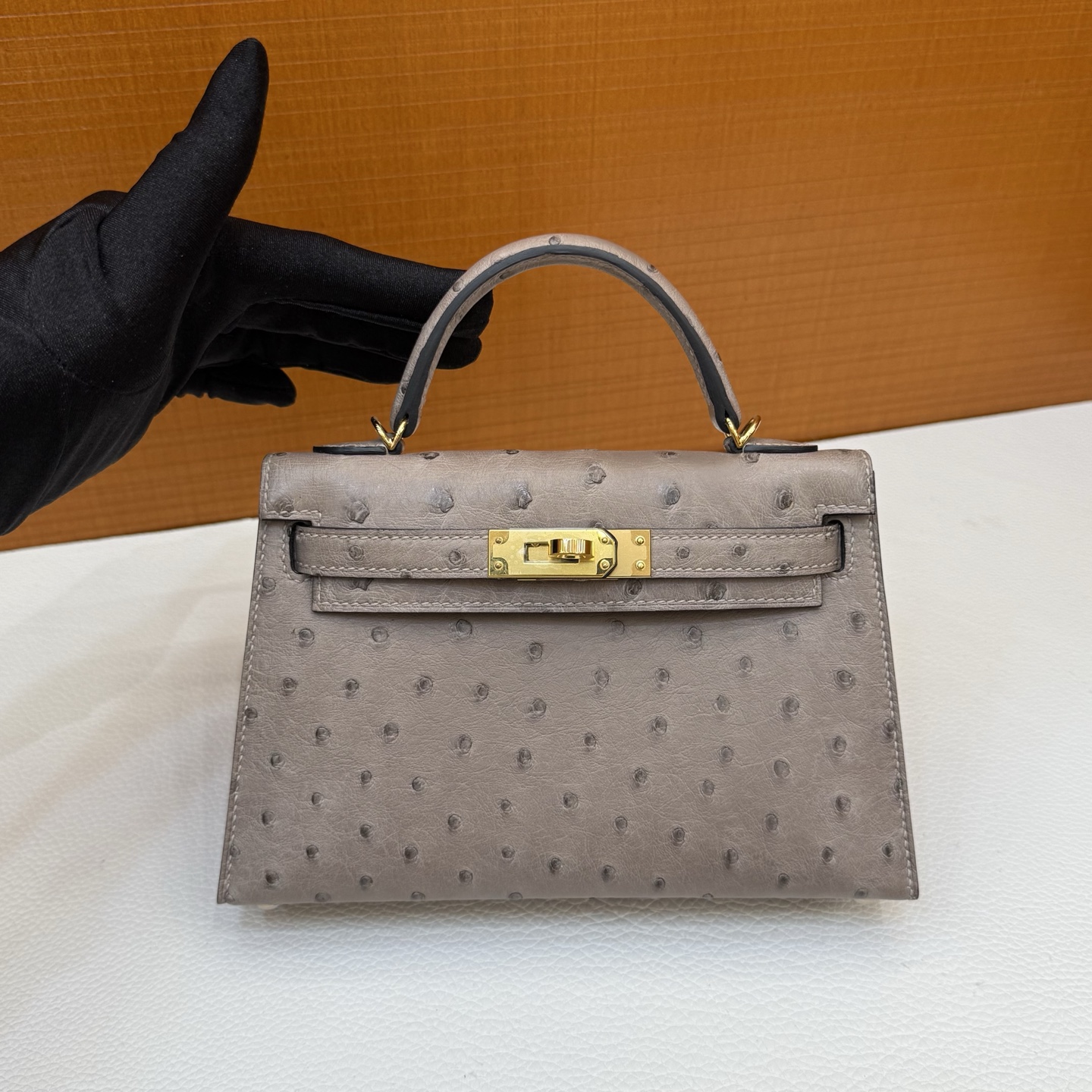 Kelly Mini Ostrich original imported kk ostrich Color: M8 asphalt gray, gold buckle, fully handmade wax stitching