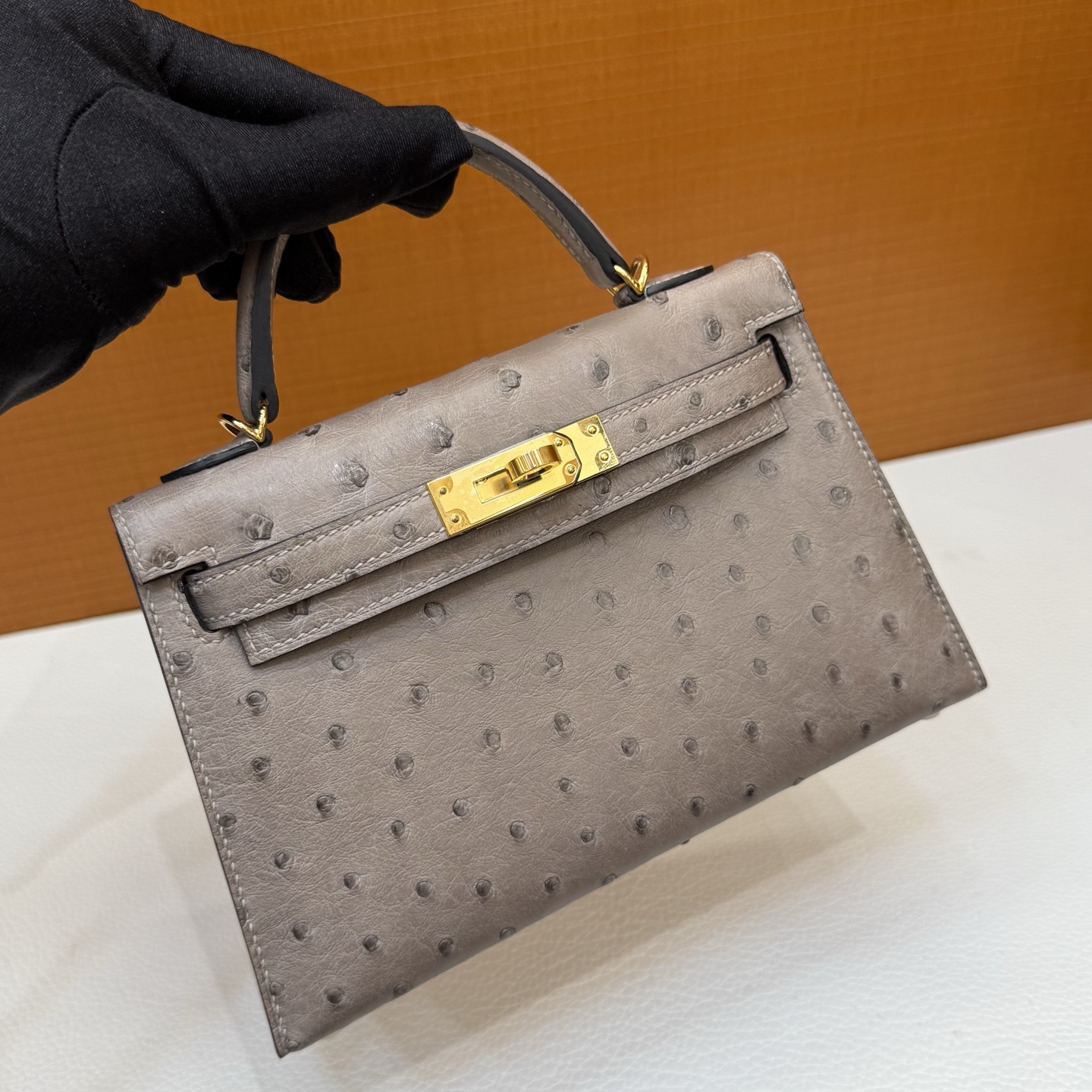 Kelly Mini Ostrich original imported kk ostrich Color: M8 asphalt gray, gold buckle, fully handmade wax stitching - Image 2