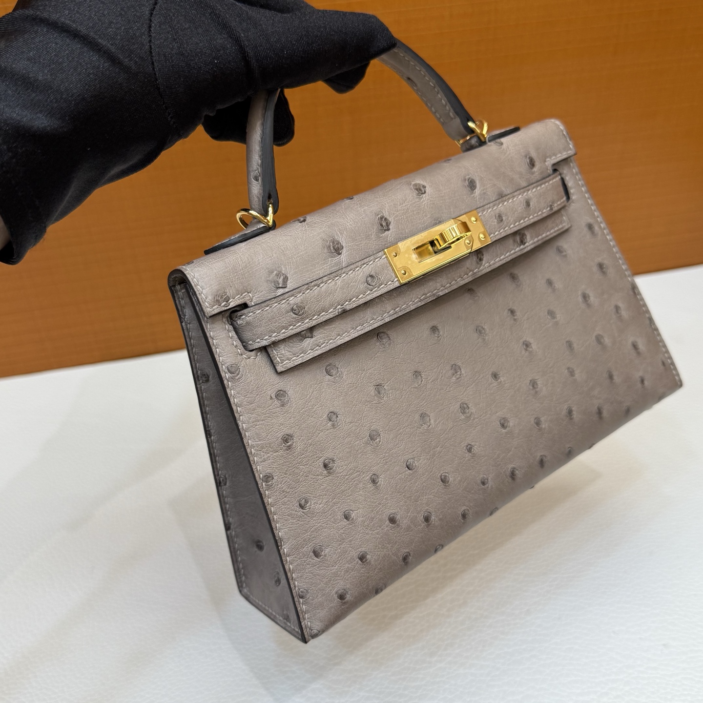 Kelly Mini Ostrich original imported kk ostrich Color: M8 asphalt gray, gold buckle, fully handmade wax stitching - Image 3