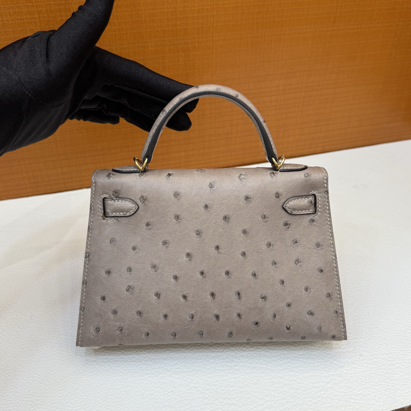 Kelly Mini Ostrich original imported kk ostrich Color: M8 asphalt gray, gold buckle, fully handmade wax stitching - Image 5