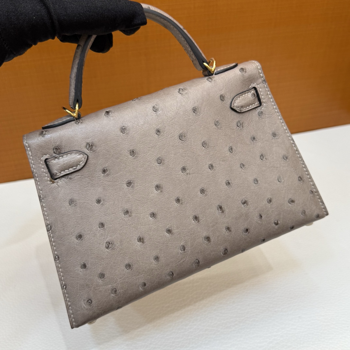 Kelly Mini Ostrich original imported kk ostrich Color: M8 asphalt gray, gold buckle, fully handmade wax stitching - Image 6
